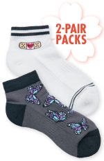 A pair of ankle socks in white with a band-aid design and grey with butterfly patterns, packaged as a 2-pack.