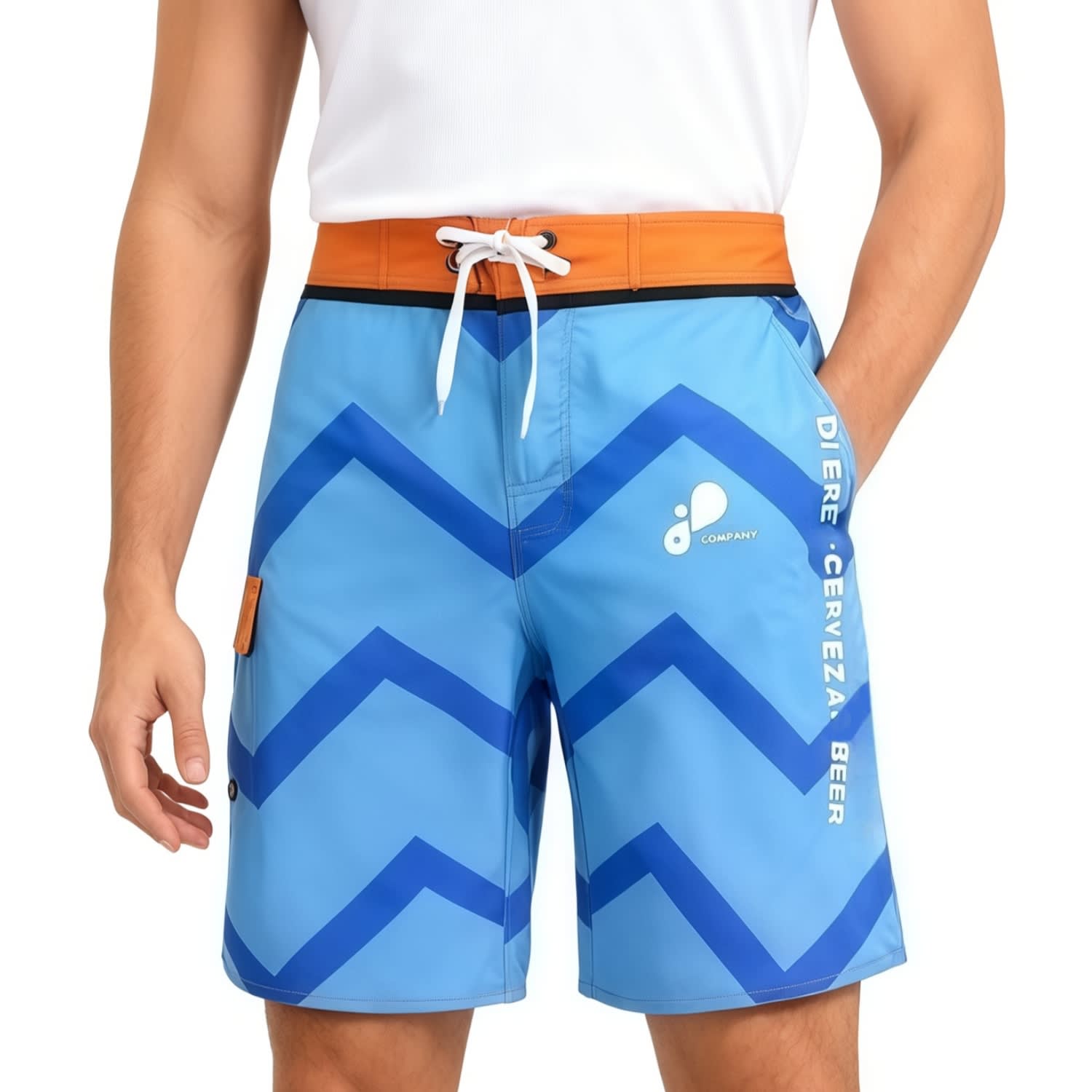 Knee-length men's swim shorts in blue with a zigzag pattern, featuring an orange waistband and a logo. Men's Polyester Spandex Sublimated Swim Shorts Knee Length - Image 1