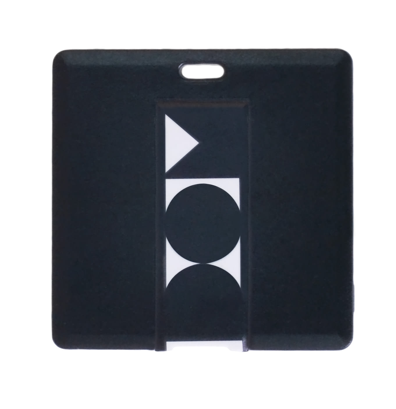 A square black flash drive featuring a geometric design and a small hole for easy attachment. Square Card Flash Drive - Image 1