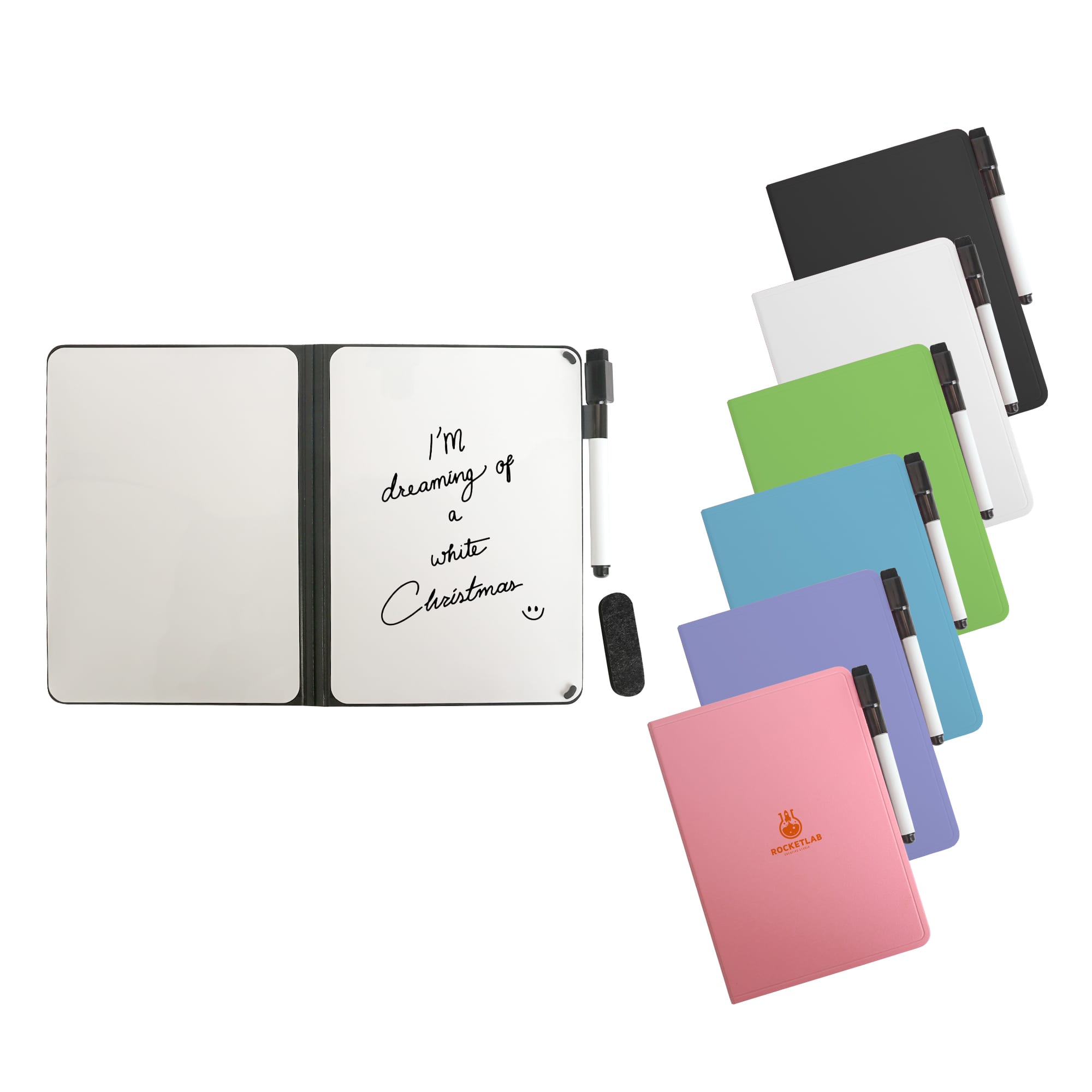 A5 whiteboard notebook with a black marker, available in multiple colours: white, green, purple, blue, and black. A5 Whiteboard Notebook - Image 1