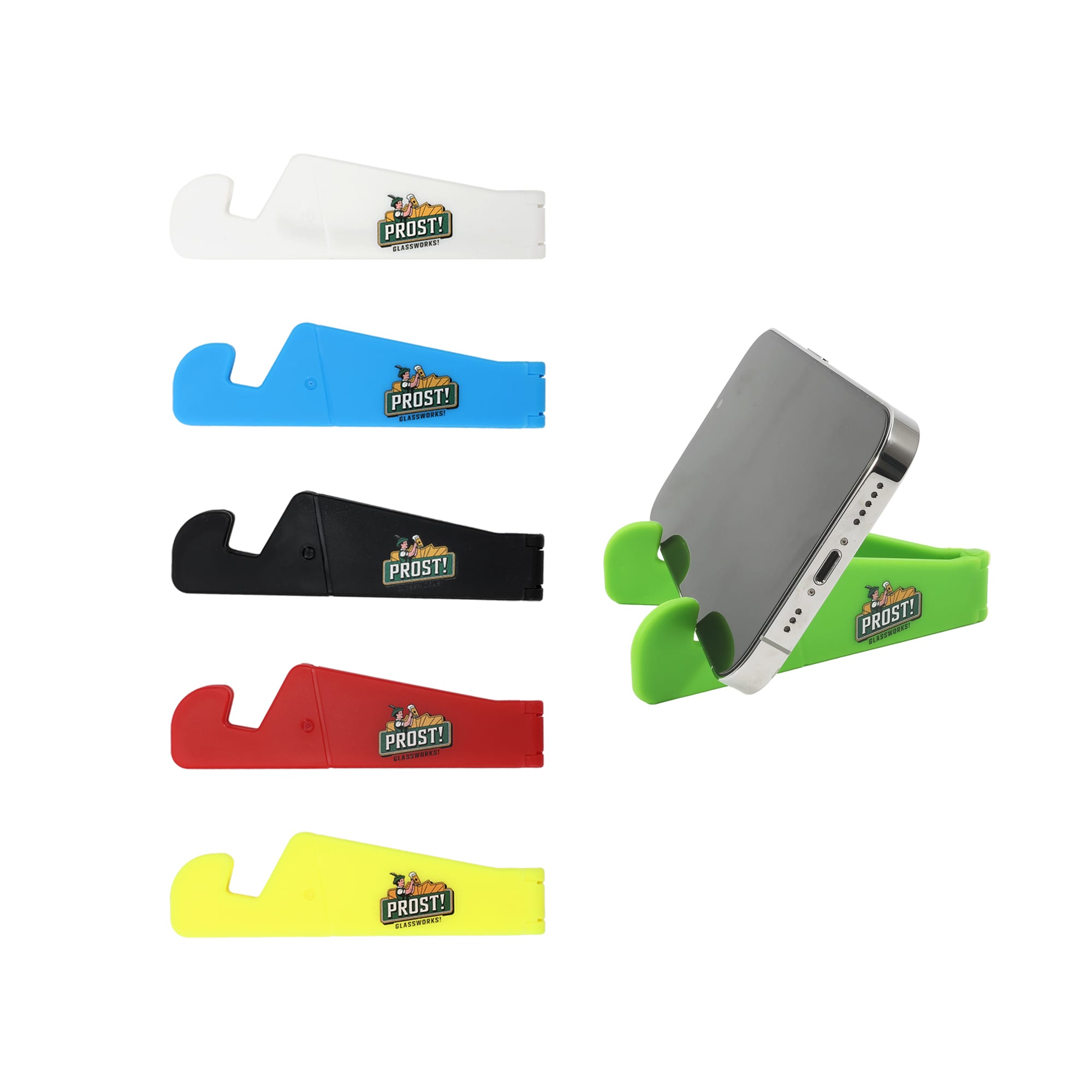 A V-shaped iPhone and iPad stand in black, white, blue, green, red, and yellow with a logo. V-shaped Iphone Ipad Stand - Image 1