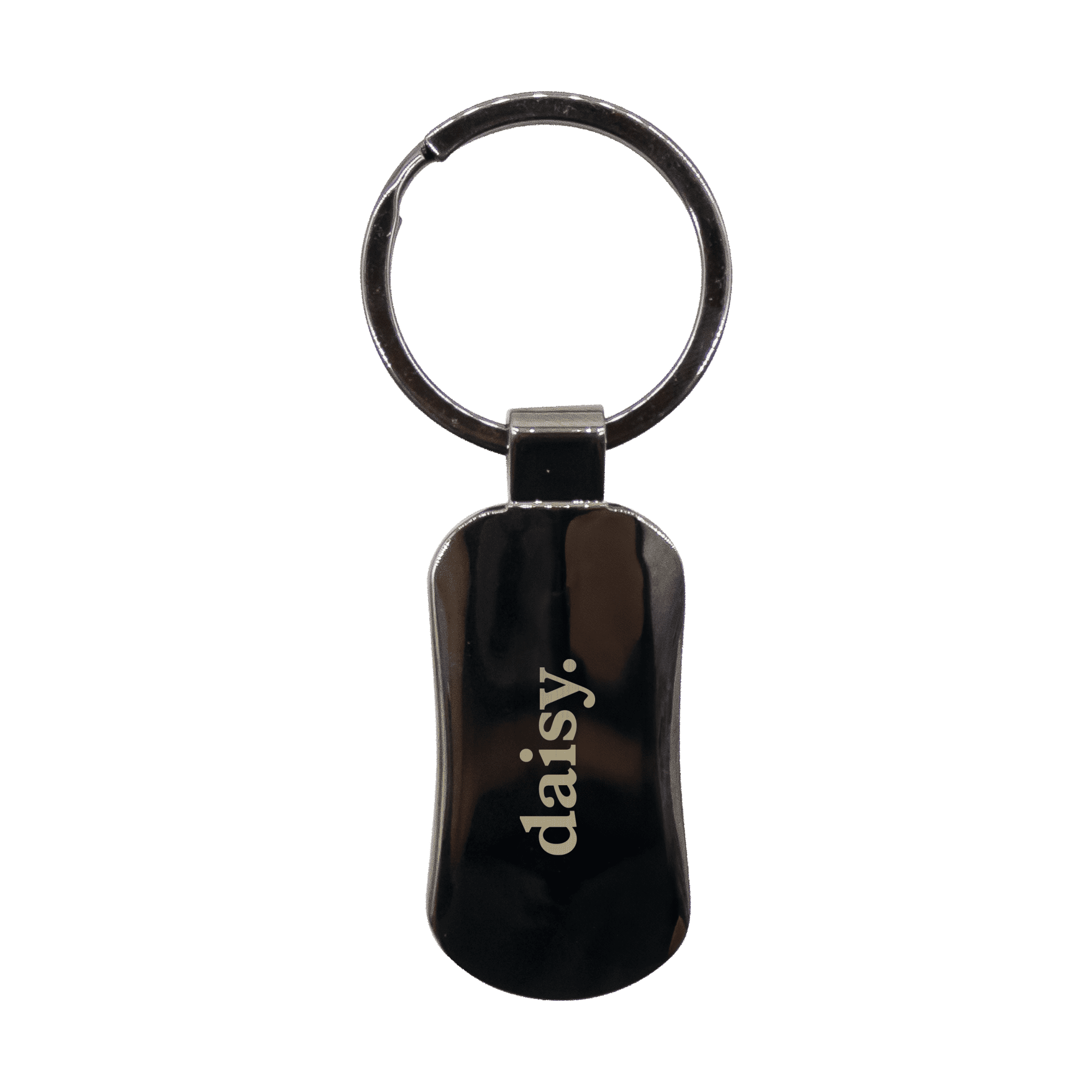 A gunmetal keychain featuring a rounded design and a split ring for attaching keys, with a branding logo. Corsa Gunmetal Keychain - Image 1