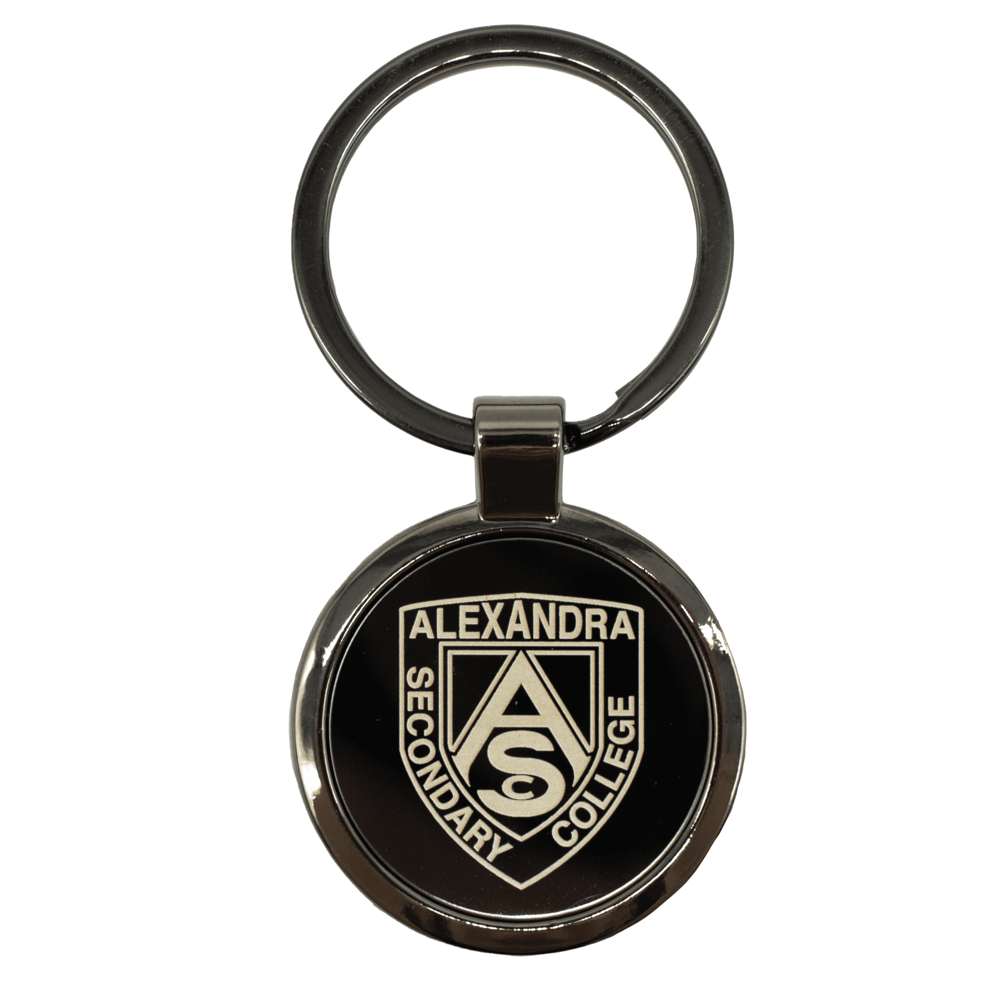 A gunmetal keychain featuring a circular design with a logo and a silver keyring attachment. Anello Gunmetal Keychain - Image 1