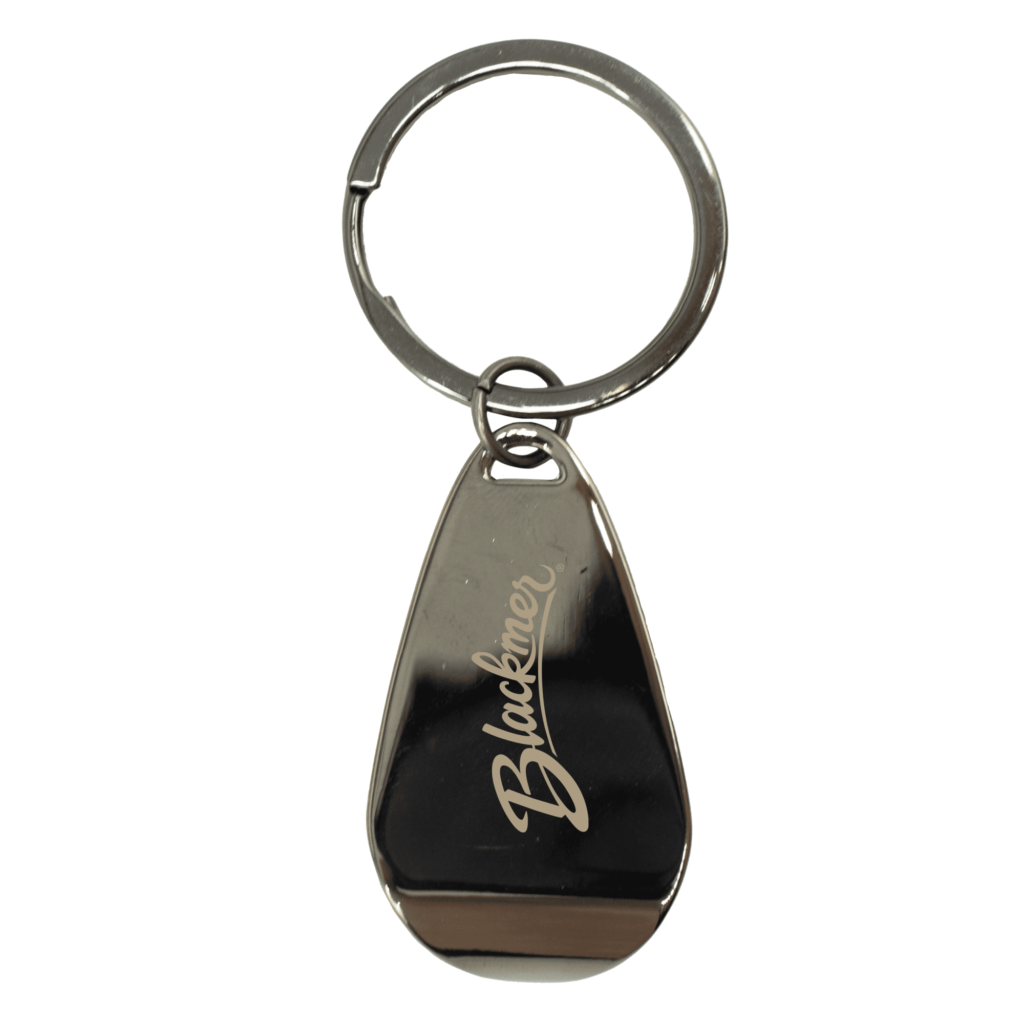 A drink bottle opener keychain in gunmetal colour with a polished finish and a logo. Apri Gunmetal Keychain - Image 1