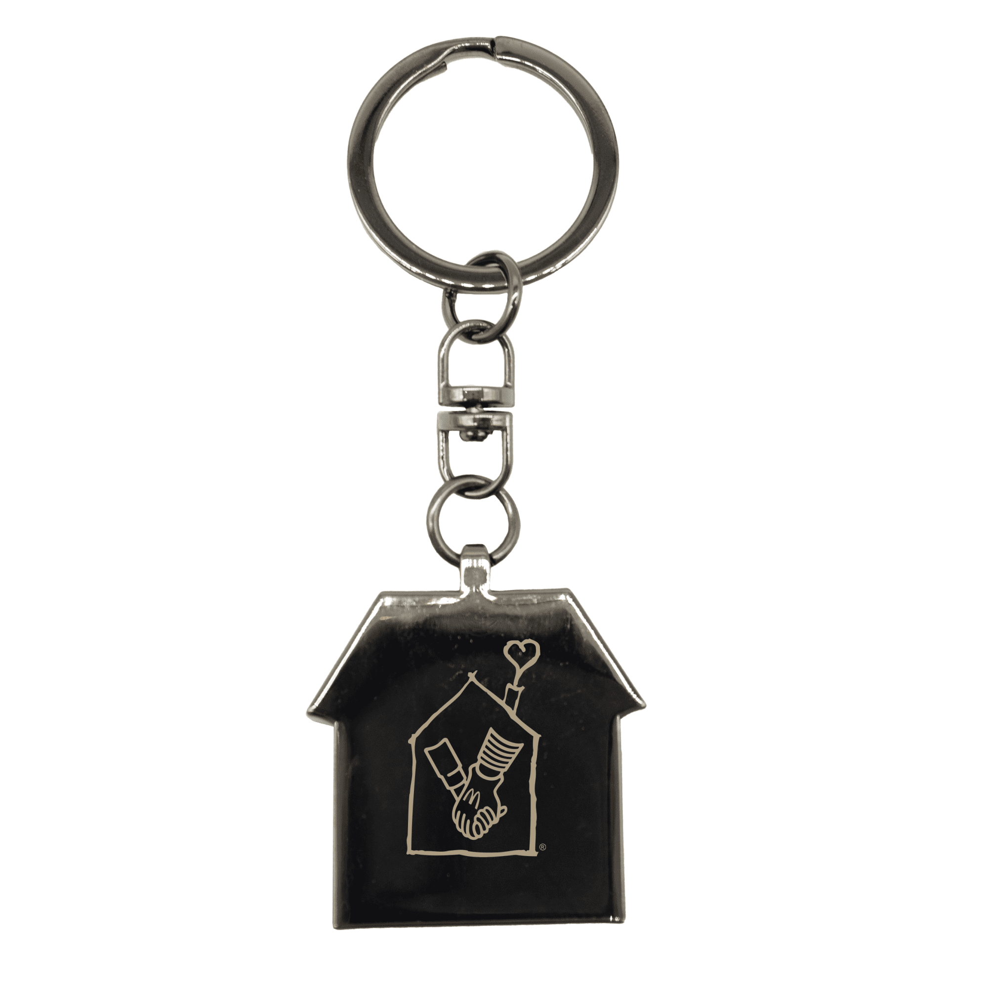 A gunmetal keychain in the shape of a house, featuring a decorative design and a metal ring. Casa Gunmetal Keychain - Image 1