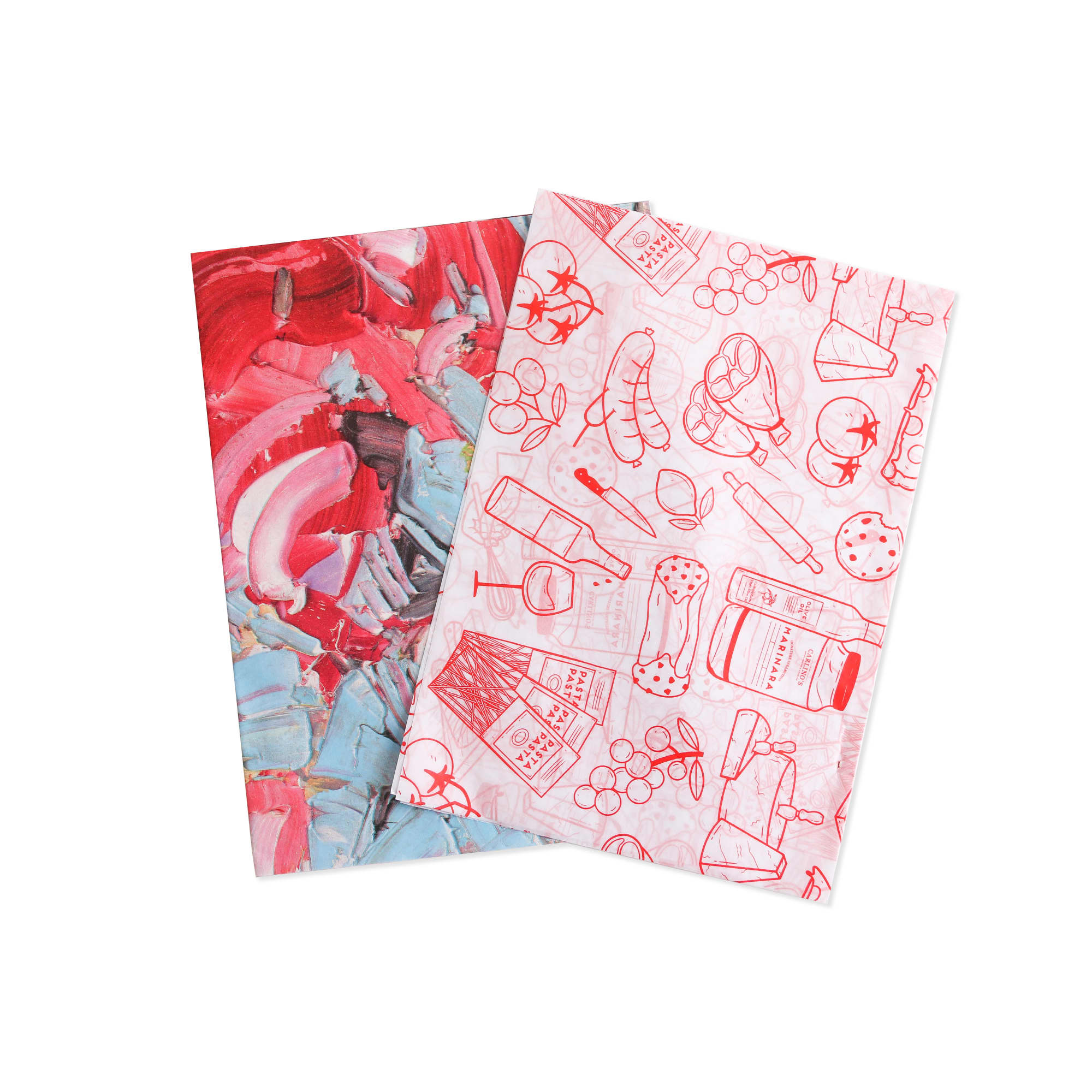 A set of two Kraft paper sheets, one with a red and blue abstract pattern and the other featuring red line drawings of food items. Kraft Paper (50x70cm) - Image 1