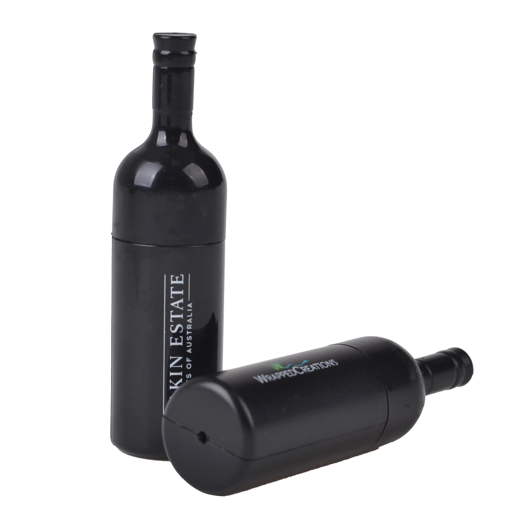 A drink bottle-shaped black flash drive with a logo, featuring a removable cap at the top. Bottle Flash Drive - Image 1