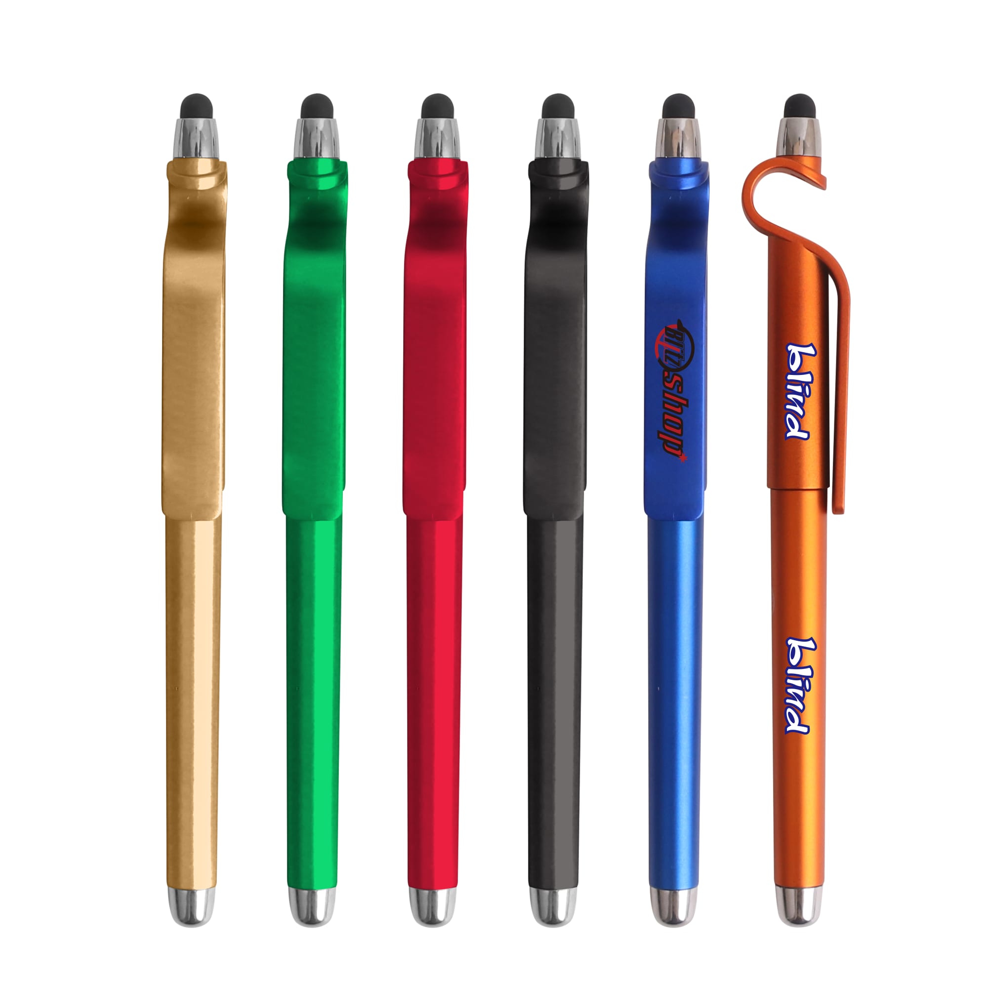 A set of six stylus ball pens in gold, green, red, black, blue, and orange, featuring mobile holders and logos. Stylus Ball Pen with Mobile Holder - Image 1