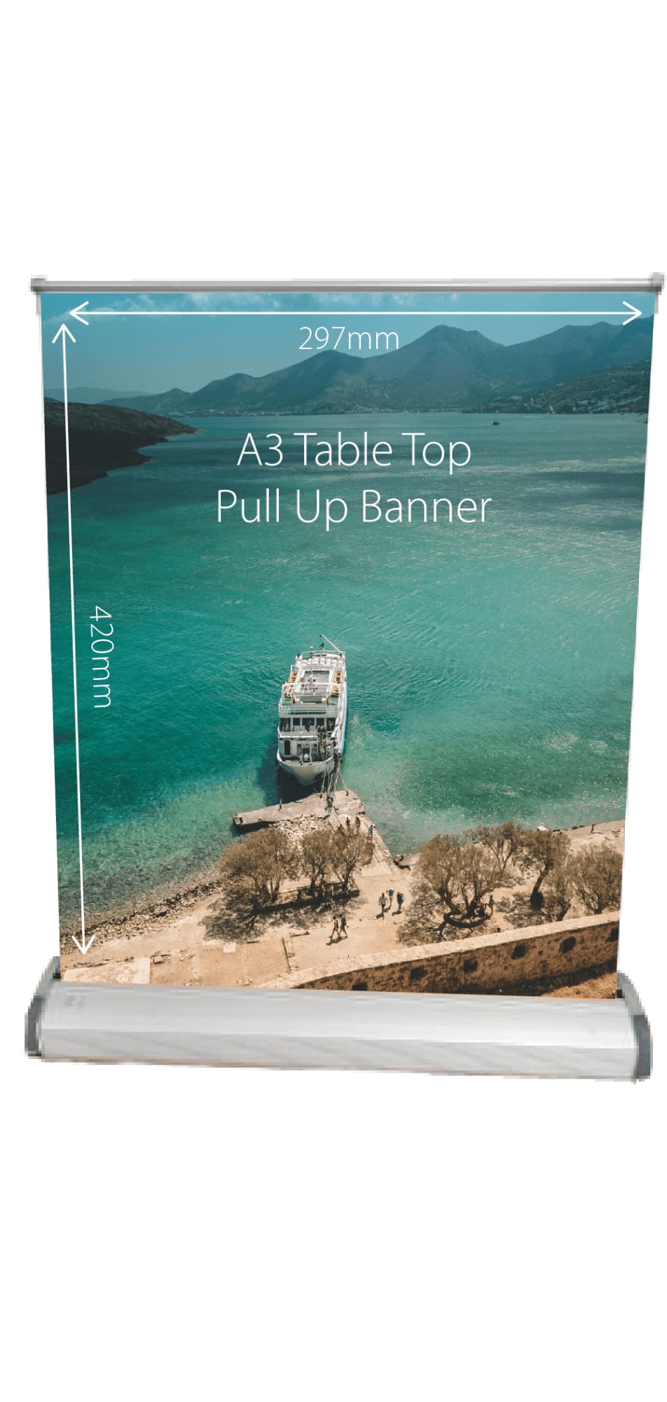 A table top pull-up banner featuring a scenic coastal image with a boat, in vibrant colours. It has a logo. Table Top Pull Up Banner A3 - Image 1