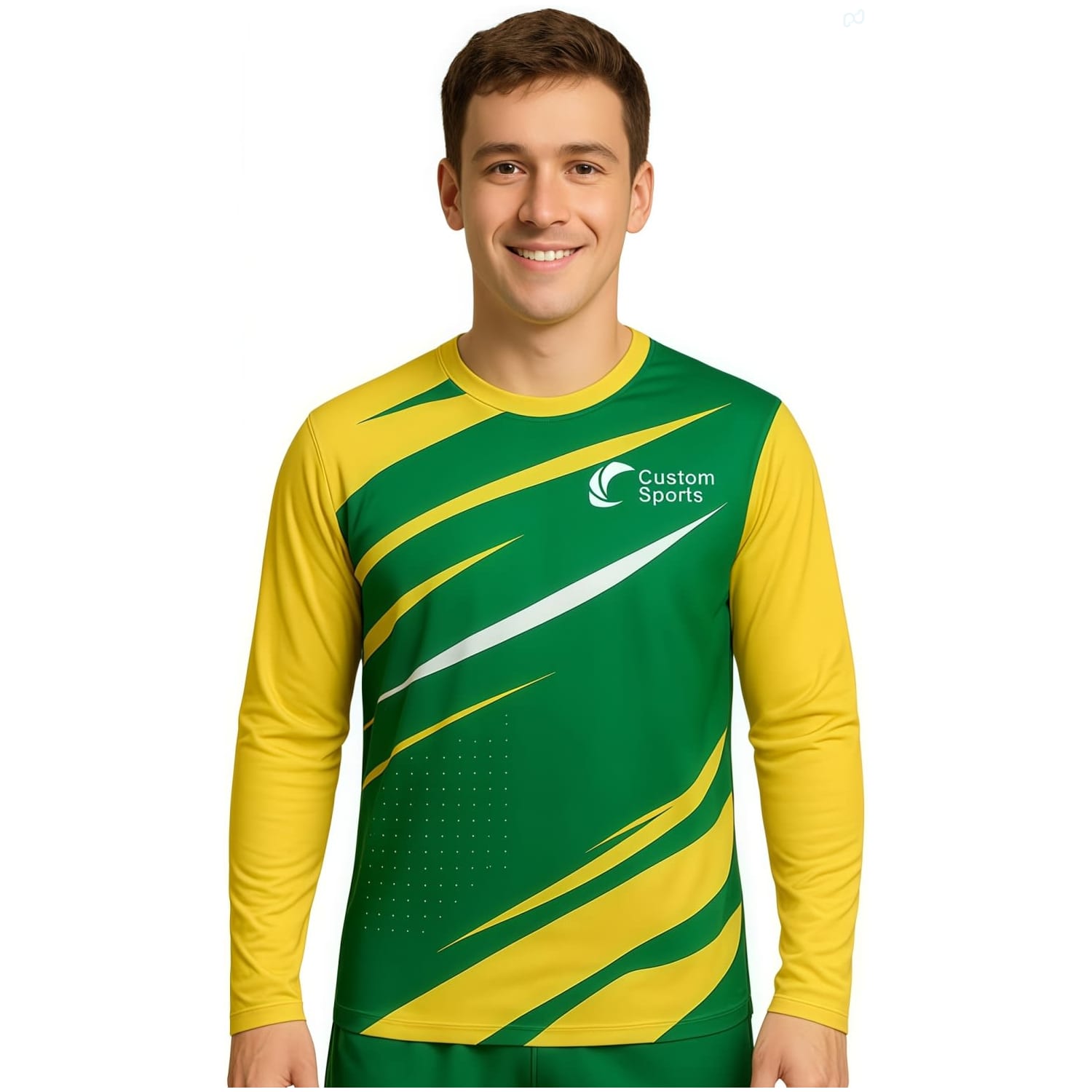 A long sleeves sports shirt in green and yellow, featuring a logo and dynamic design elements. 100% Polyester Micro Mesh Sublimated Sports Long Sleeves Shirt - Image 1