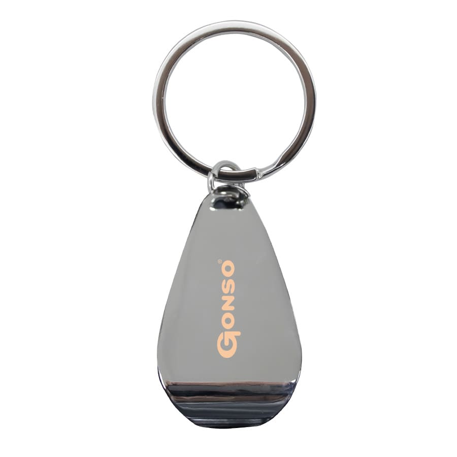 A silver keychain in a teardrop shape with a logo on one side. Apri Keychain - Image 1