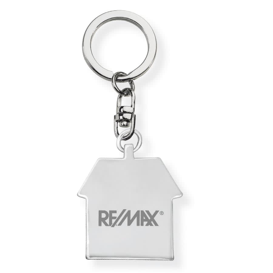 A silver keychain shaped like a house, featuring a logo, attached to a metal ring. Casa Keychain - Image 1