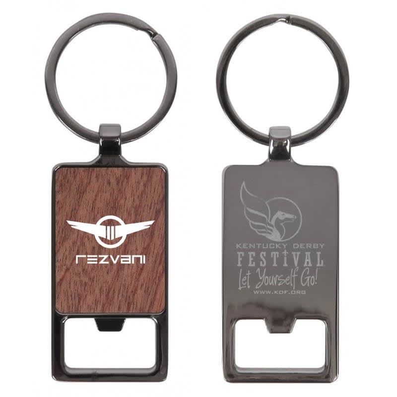 A metal keychain featuring a rectangular design with a wooden centre and a bottle opener at the base, includes a logo. Axil Rectangle Keychain - Image 1