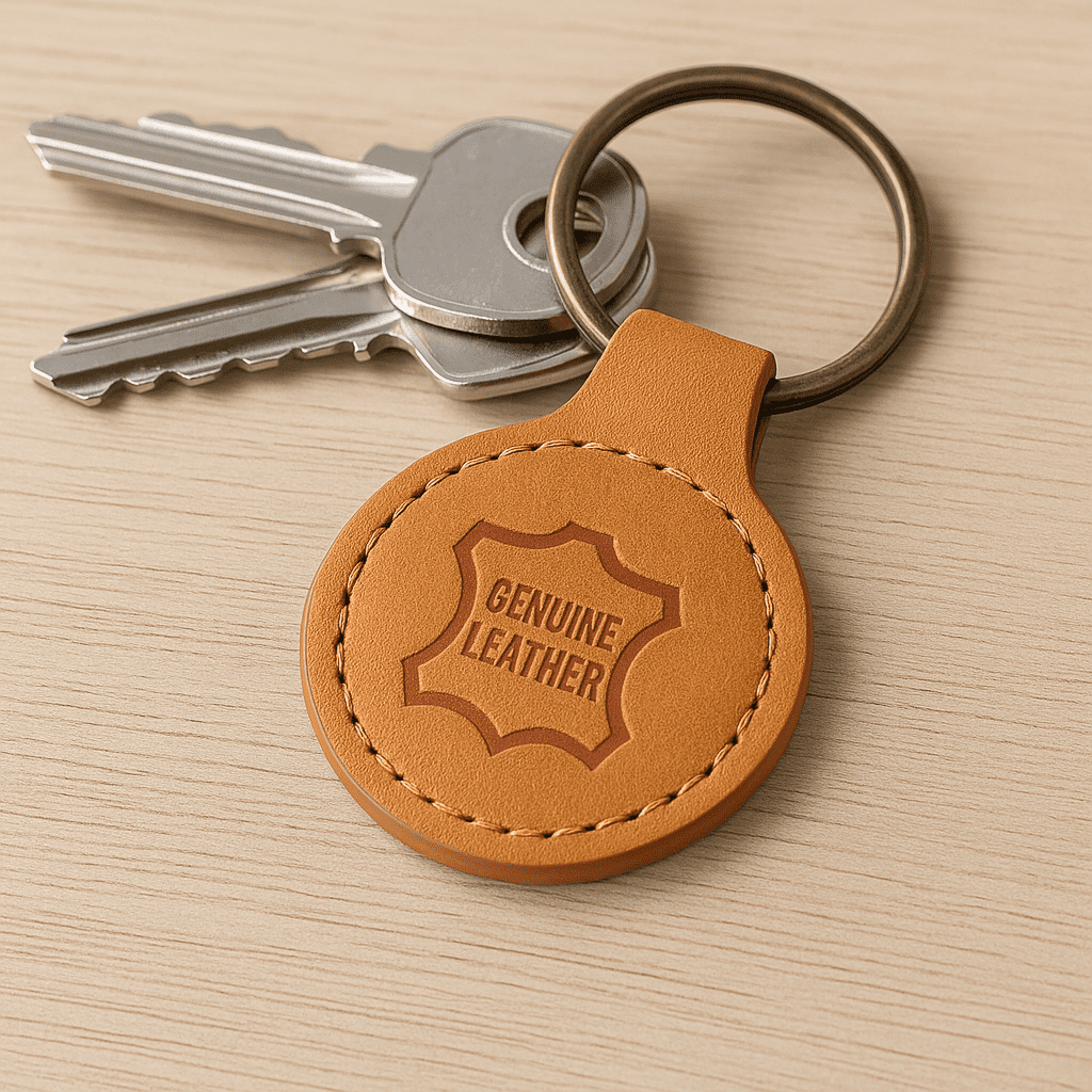 A round, tan leather keyring with a key attached, featuring a stitched edge and a logo embossed on the surface. London Recycled Leather Keyring - Image 1
