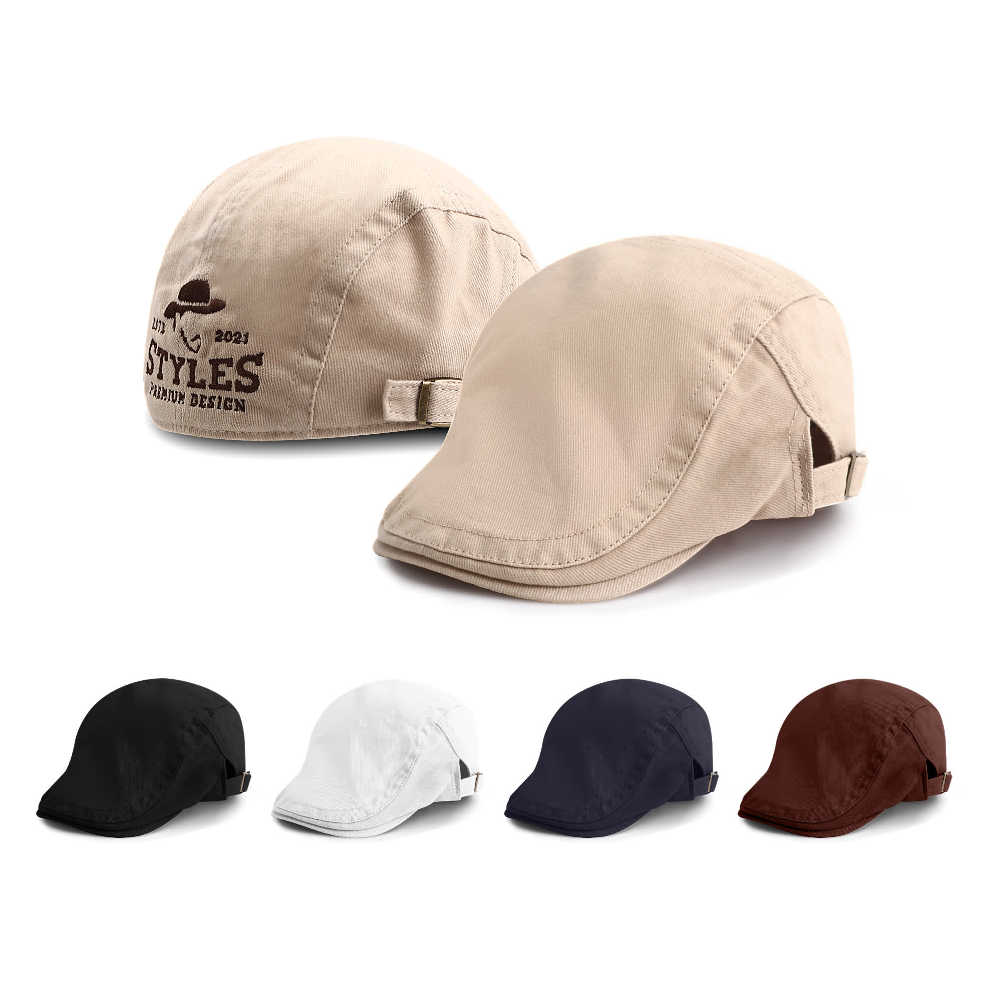 A beret hat displayed in beige with a logo, alongside options in black, white, navy, and brown. Beret Hat - Image 1