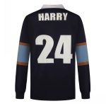 A dark navy sports jumper featuring long sleeves, with striped accents and a large number '24' on the back.