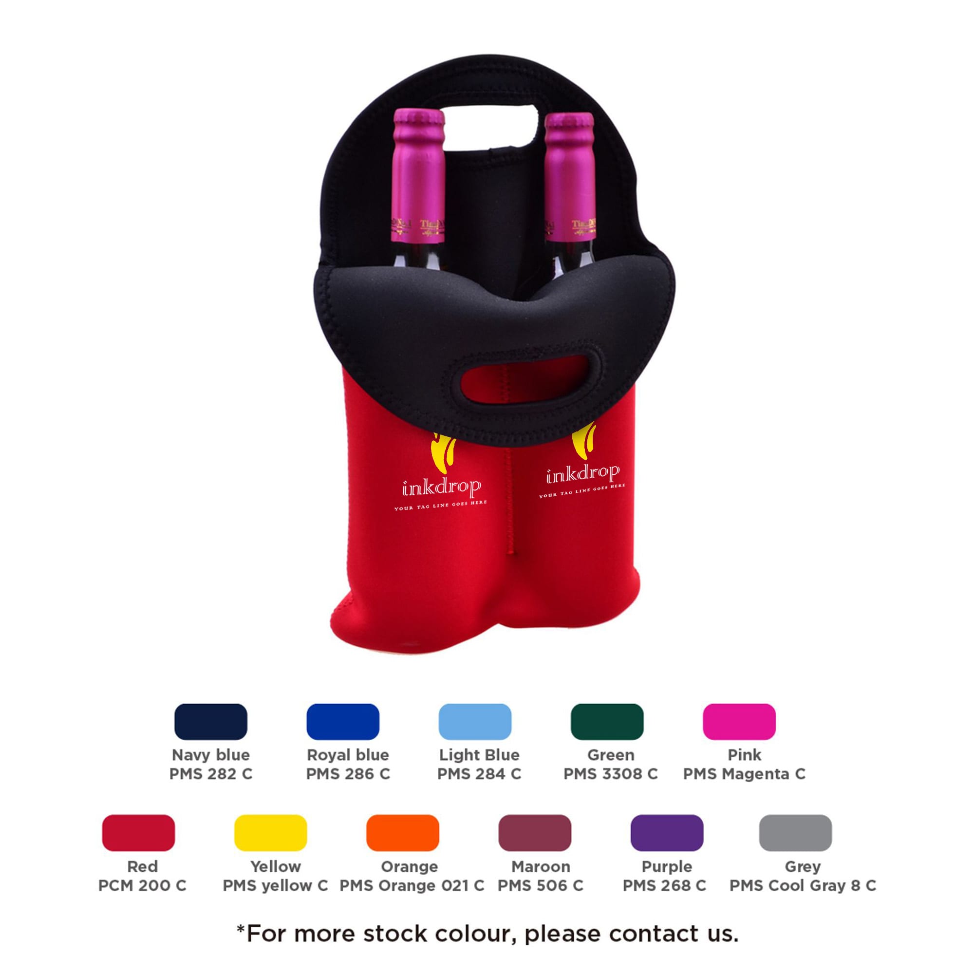 A red twin wine cooler featuring a black handle, designed to hold two drink bottles. It has a logo. Twin Wine Cooler - Image 1