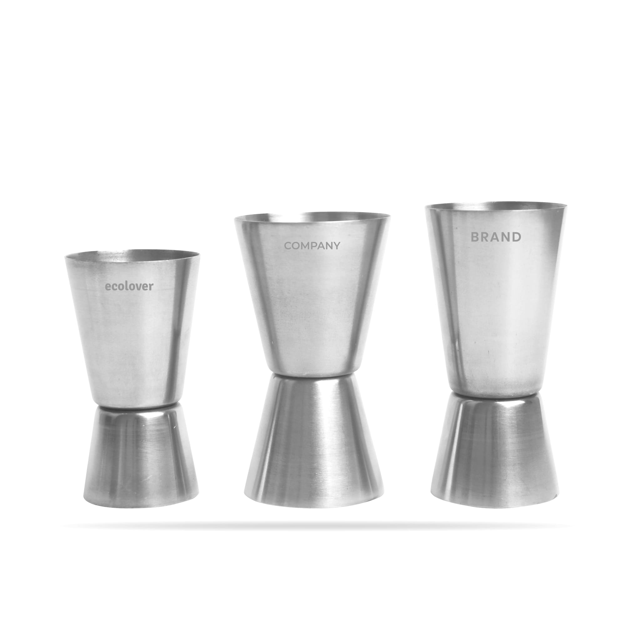 A set of three stainless steel double jiggers in different sizes with a branded logo on one. Double Jigger - Image 1
