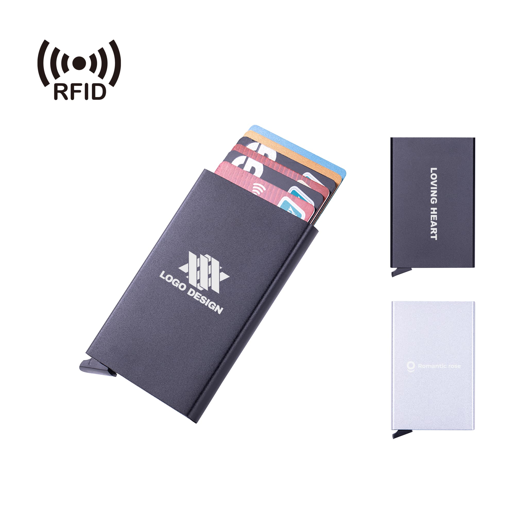 A sleek black metal RFID card holder with a logo, holding several cards. Features a minimalist design. Metal RFID Card Holder - Image 1