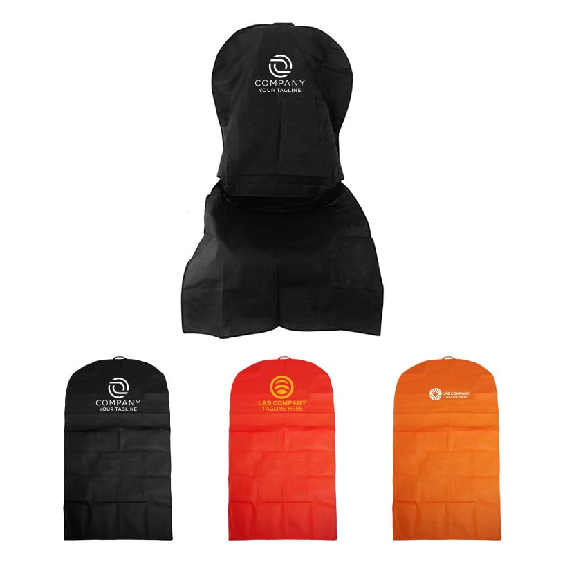 A non-woven car seat cover set in black, red, and orange, featuring various logos. Non-woven Car Seat Cover - Image 1