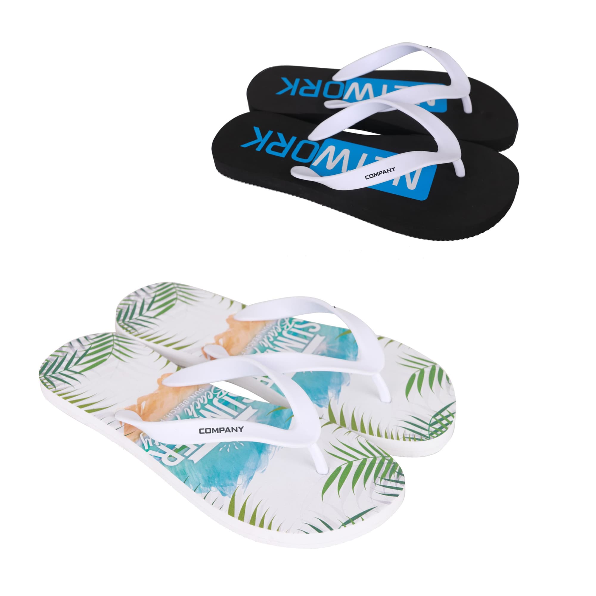 A pair of black thongs with white straps and a pair of flip-flops featuring a green leafy design and white straps. EVA Talking Footprint Thongs - Image 1