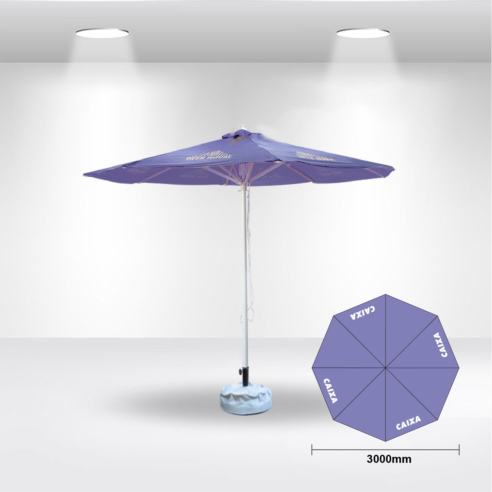 A purple 3x3m round market umbrella with a base, featuring a logo and set in a bright indoor space. 3x3m Round Stock Colour Commercial Market Umbrella - Image 1