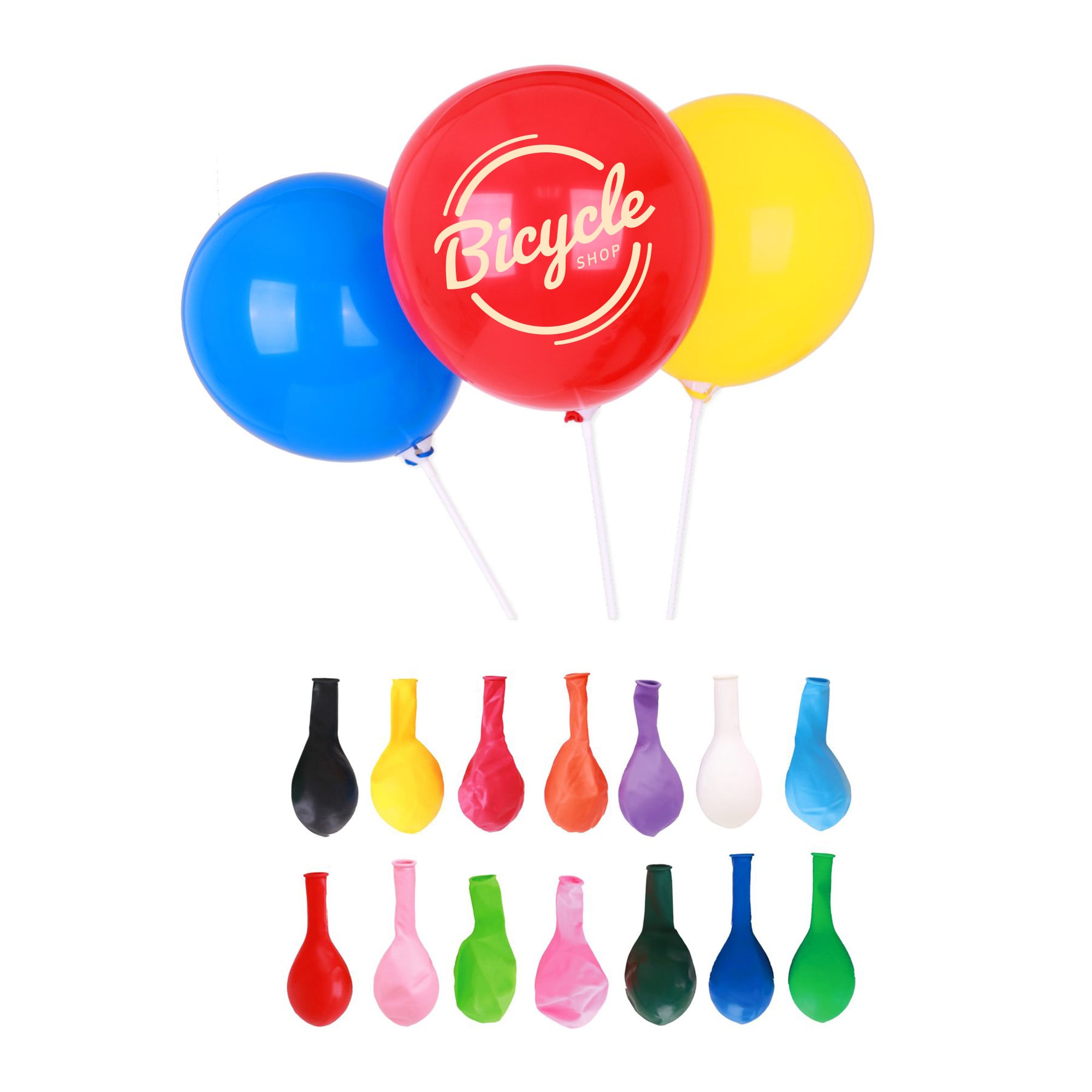 Three large balloons in red, blue, and yellow alongside smaller assorted balloons in various colours. Contains a logo. 30cm Balloons - Image 1