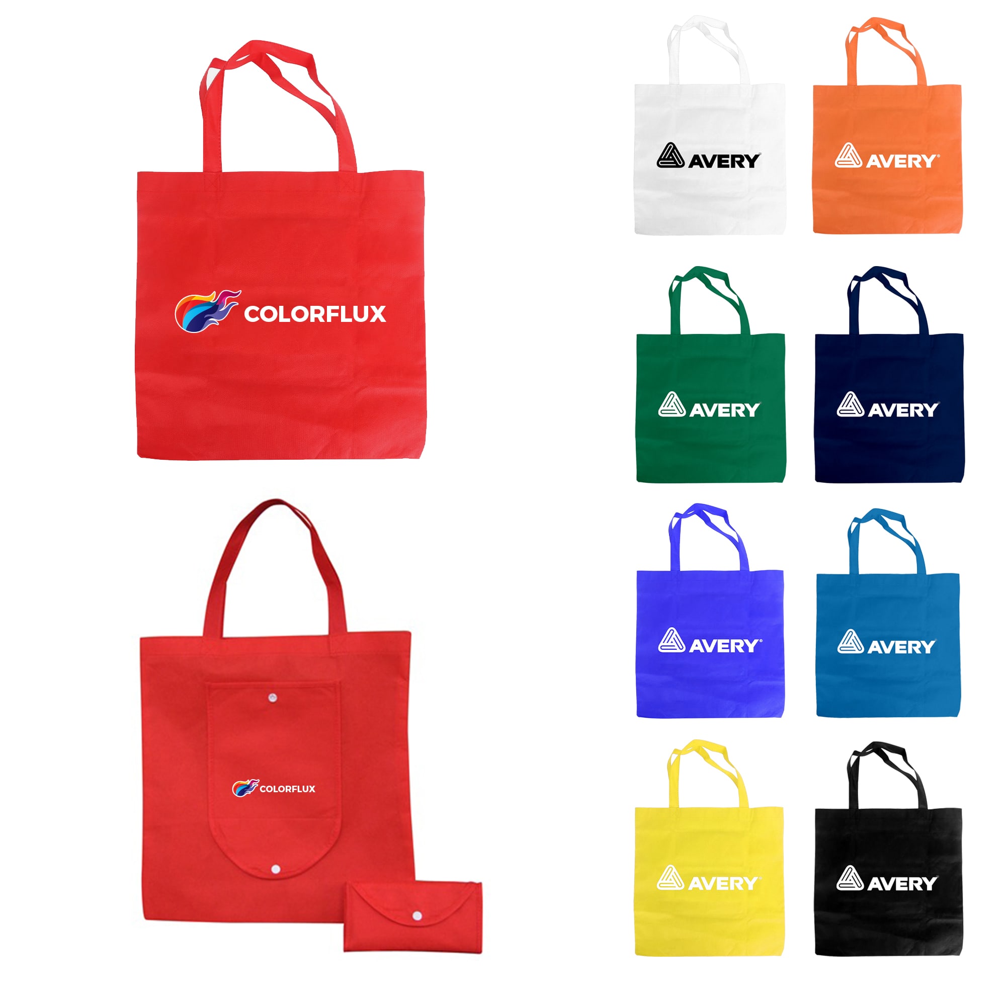 A collection of foldable non-woven bags in various colours including red, white, green, blue, and yellow, each with a logo. Non Woven Foldable Bag - Image 1