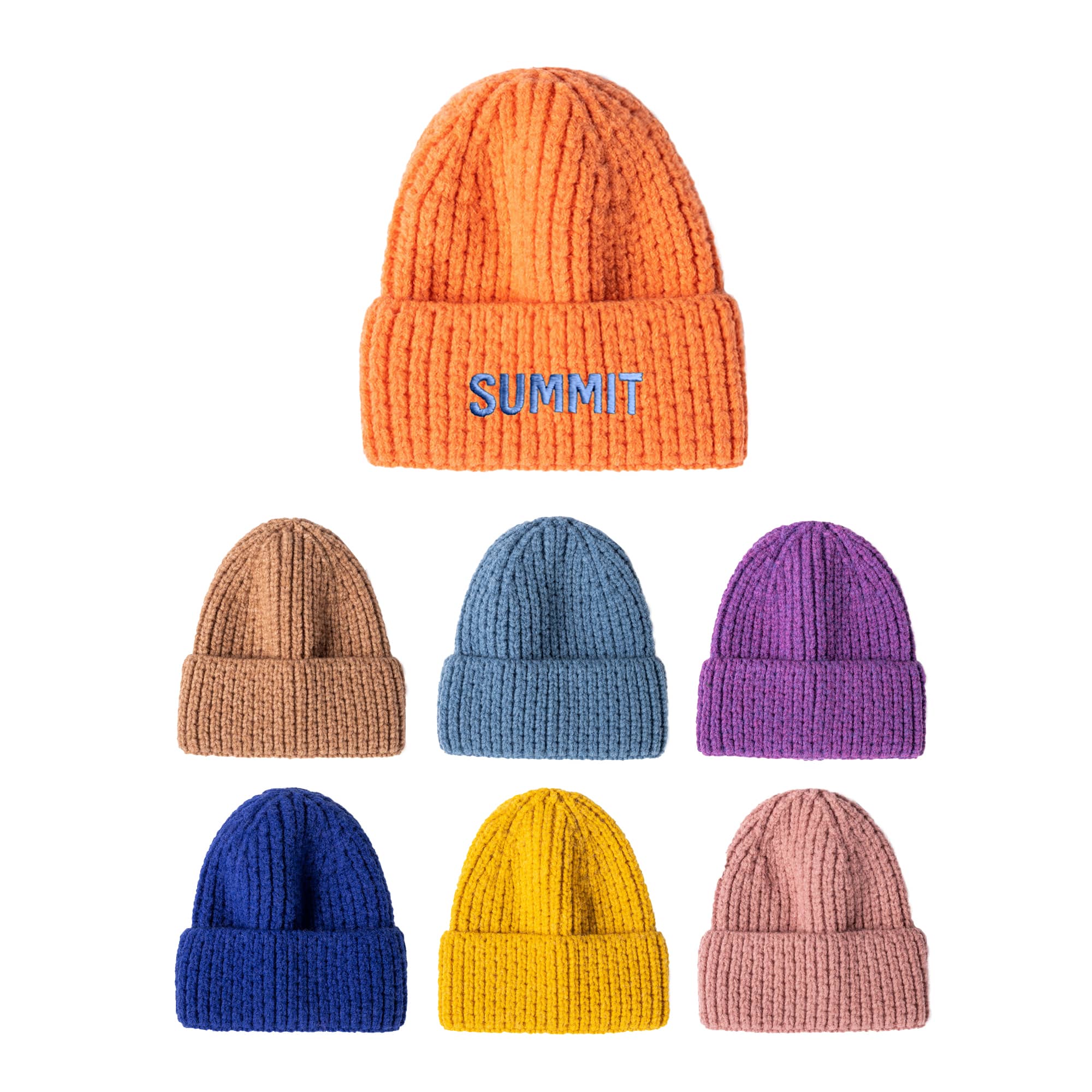 A collection of twisted cable cuffed beanies in orange, tan, blue, purple, navy, yellow, and pink. Each has a ribbed texture. Twisted Cable Cuffed Beanie - Image 1