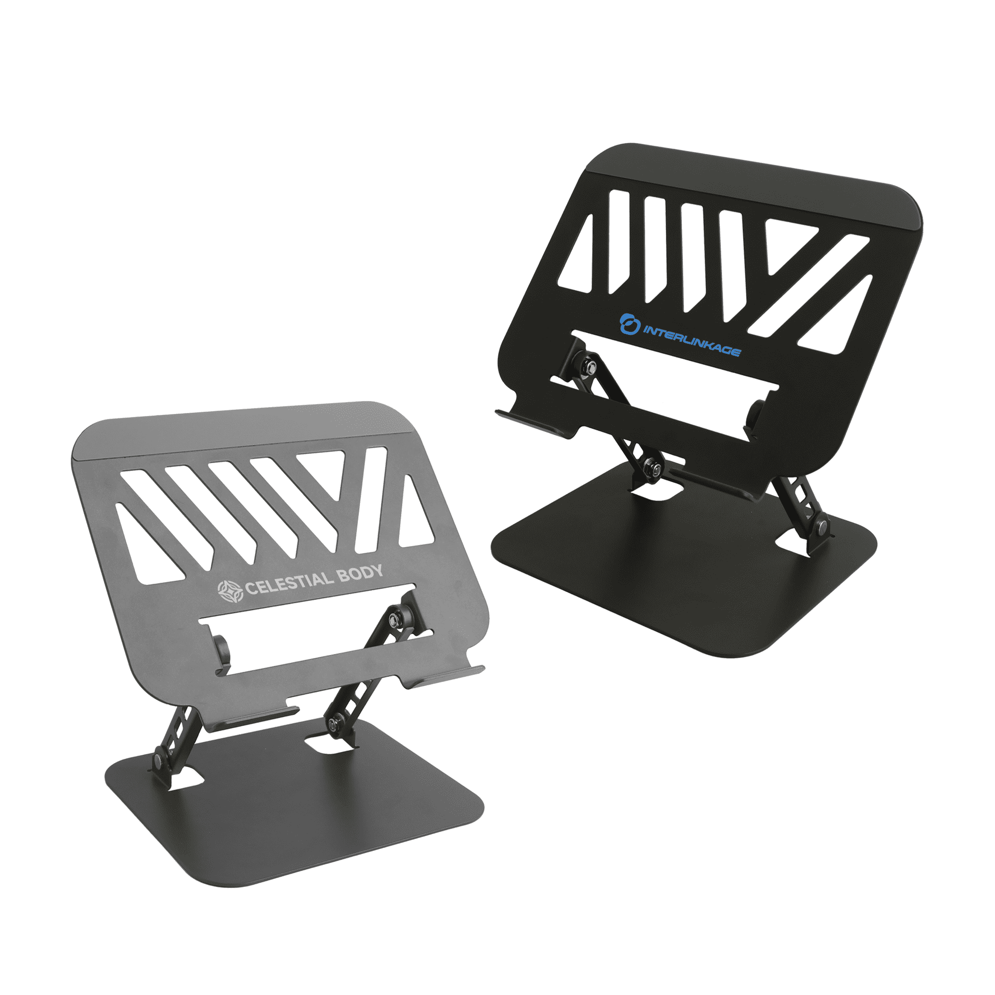 A foldable metal laptop stand in black, featuring a logo and adjustable angle for ergonomic use. Foldable Metal Laptop Stand - Image 1