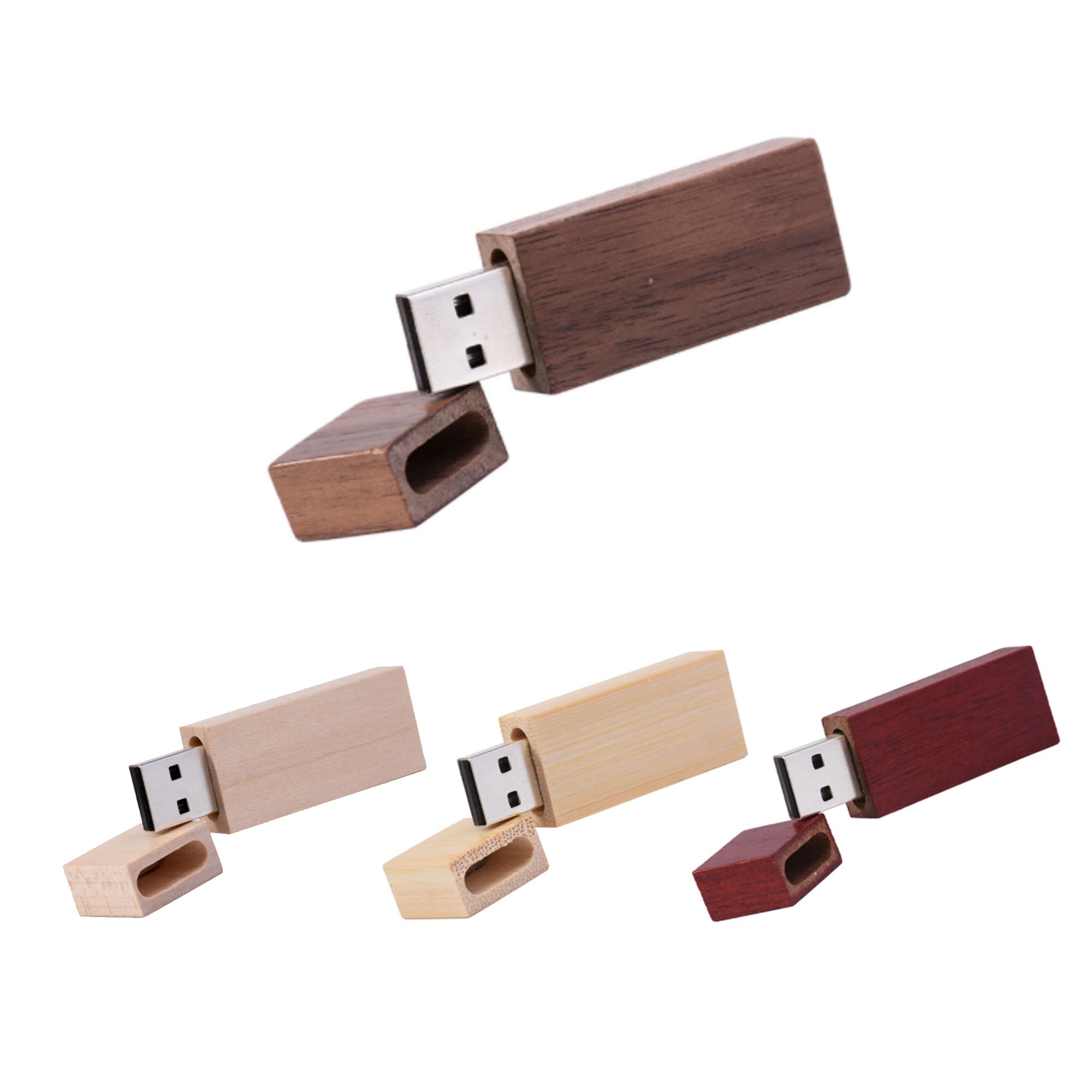 A wooden flash drive in various shades, including light brown, dark brown, and red. It features a removable cap and a logo. Rectangle Wooden Flash Drive - Image 1