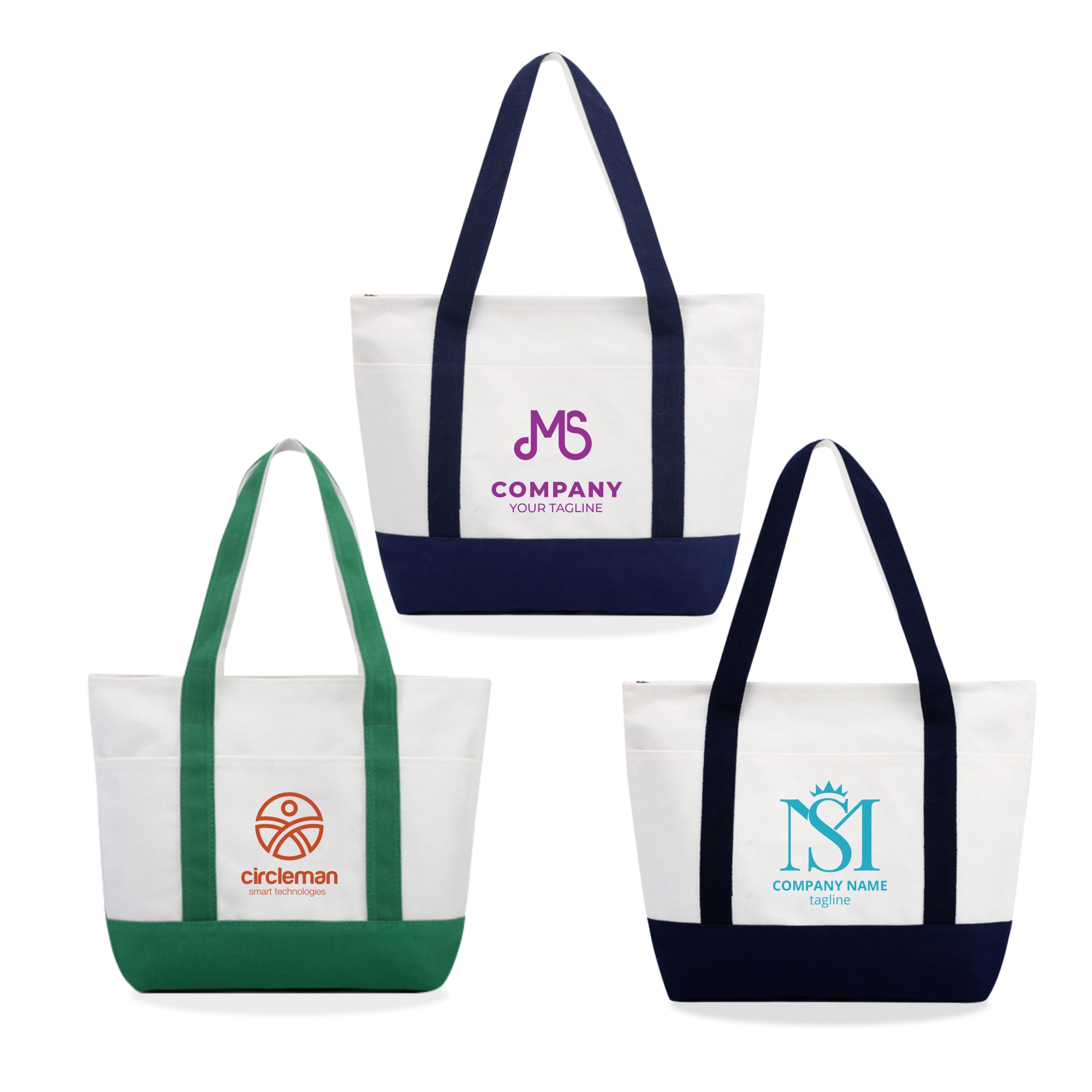 Three large canvas tote bags featuring white fabric with green, navy, and orange accents, each with a logo. Canvas Tote Bag (Large) - Image 1
