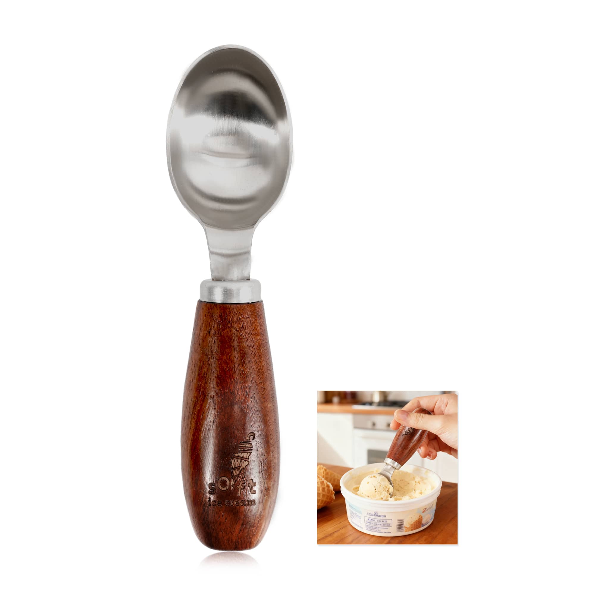 A stainless steel ice cream scoop with a wooden handle, featuring a logo on the handle. Wood Handle Ice Cream Scoop - Image 1