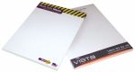 A6 writing pad with 25 blank leaves, featuring a white cover and a logo on the bottom. Ideal for office use.