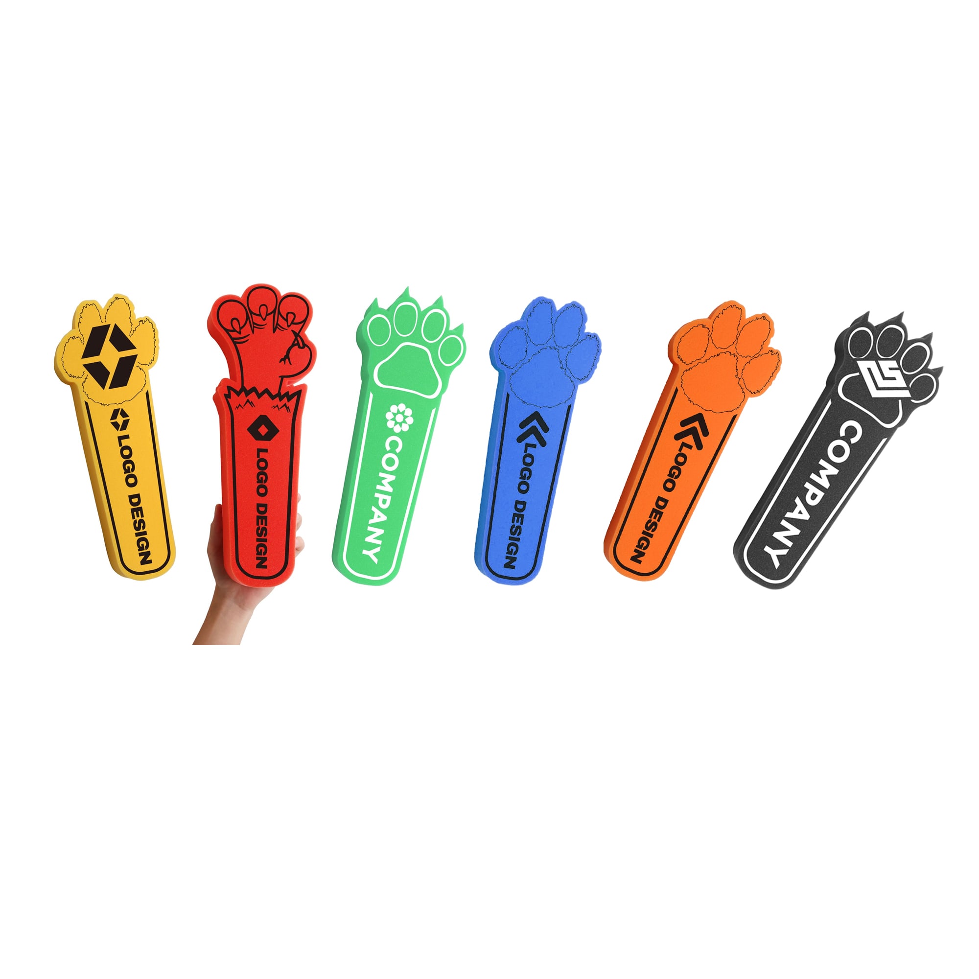 Six brightly coloured foam cheer sticks in various designs, featuring paw prints and logos, held by a hand. Sponge Paws Cheersticks - Image 1