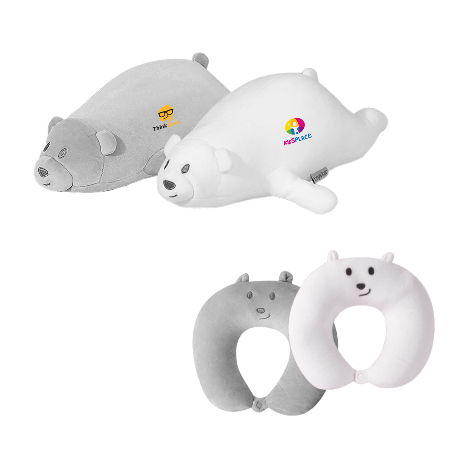 Bear-shaped travel pillows in grey and white, featuring a round neck pillow and a flat pillow. One has a logo. Bear Shaped 2 In 1 Travel Pillow - Image 1