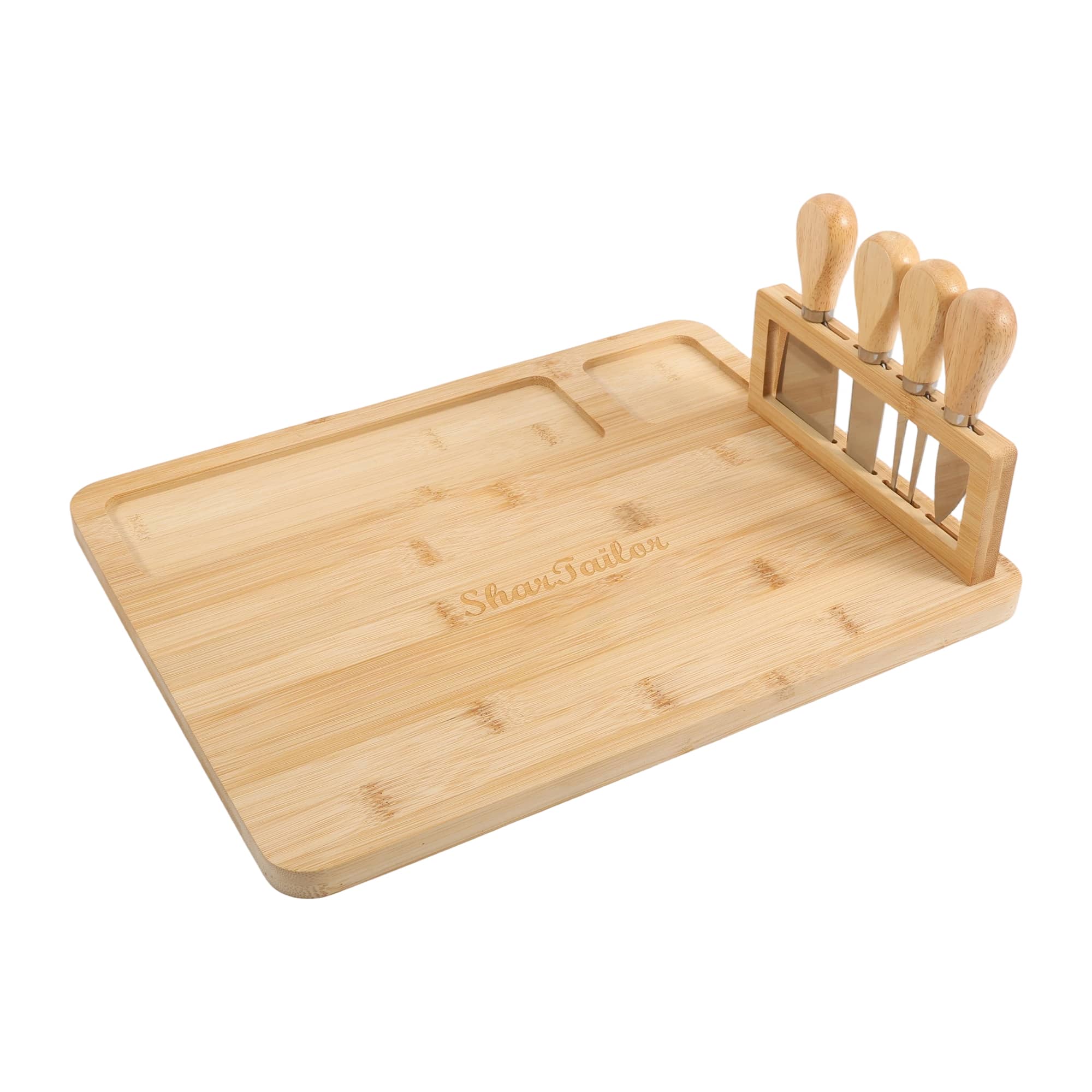 A bamboo cheese board with a rectangular shape and a set of four wooden-handled knives. Bamboo Cheese Board Knife Set - Image 1