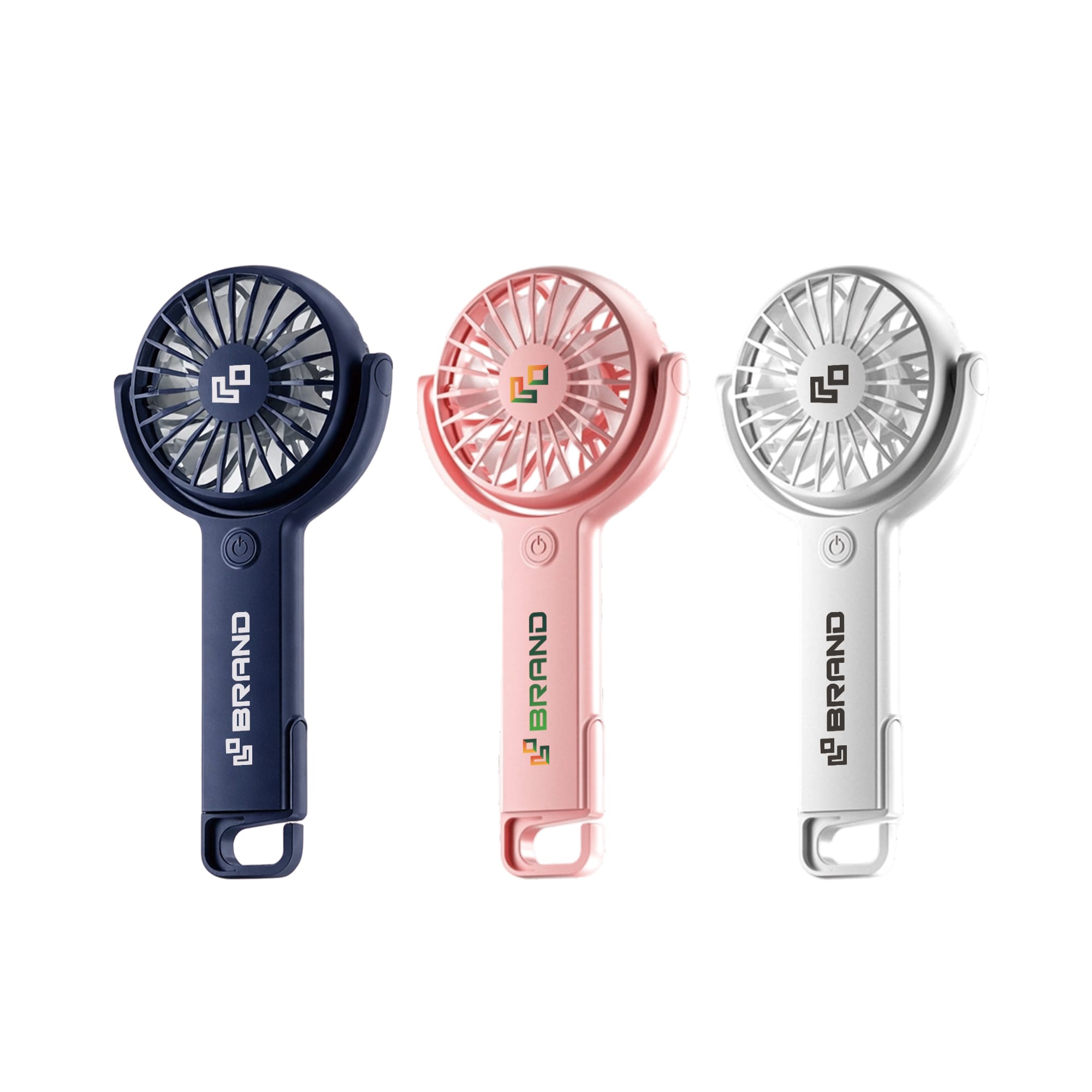 A set of three handheld fans in navy blue, pink, and white with a logo, featuring a hook and adjustable angle. Hook Handheld Fan with 180° Adjustment Angle - Image 1