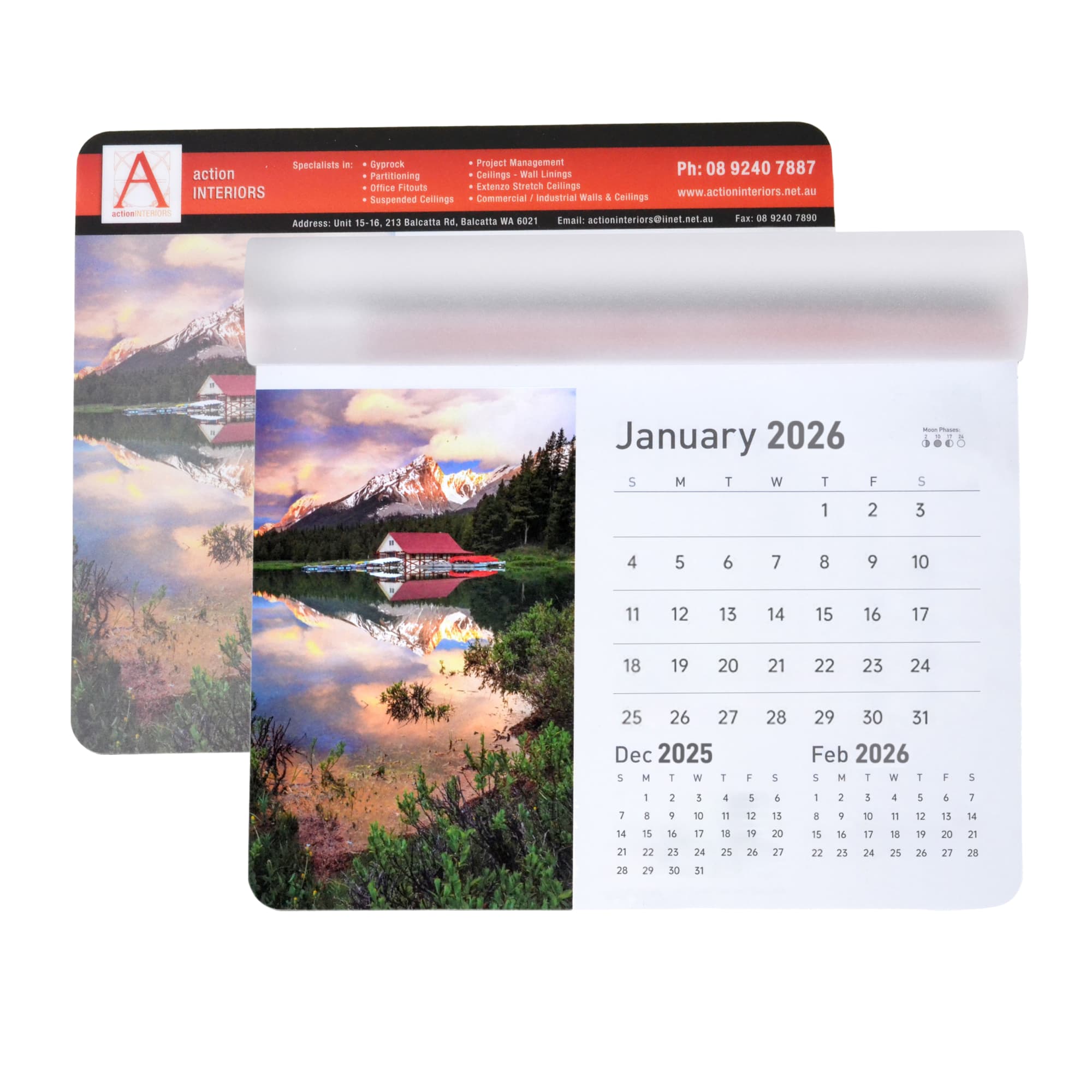 A mouse mat featuring a scenic calendar for January 2026, with a landscape image and a clear plastic top. Calendar Mouse Mat - Image 1