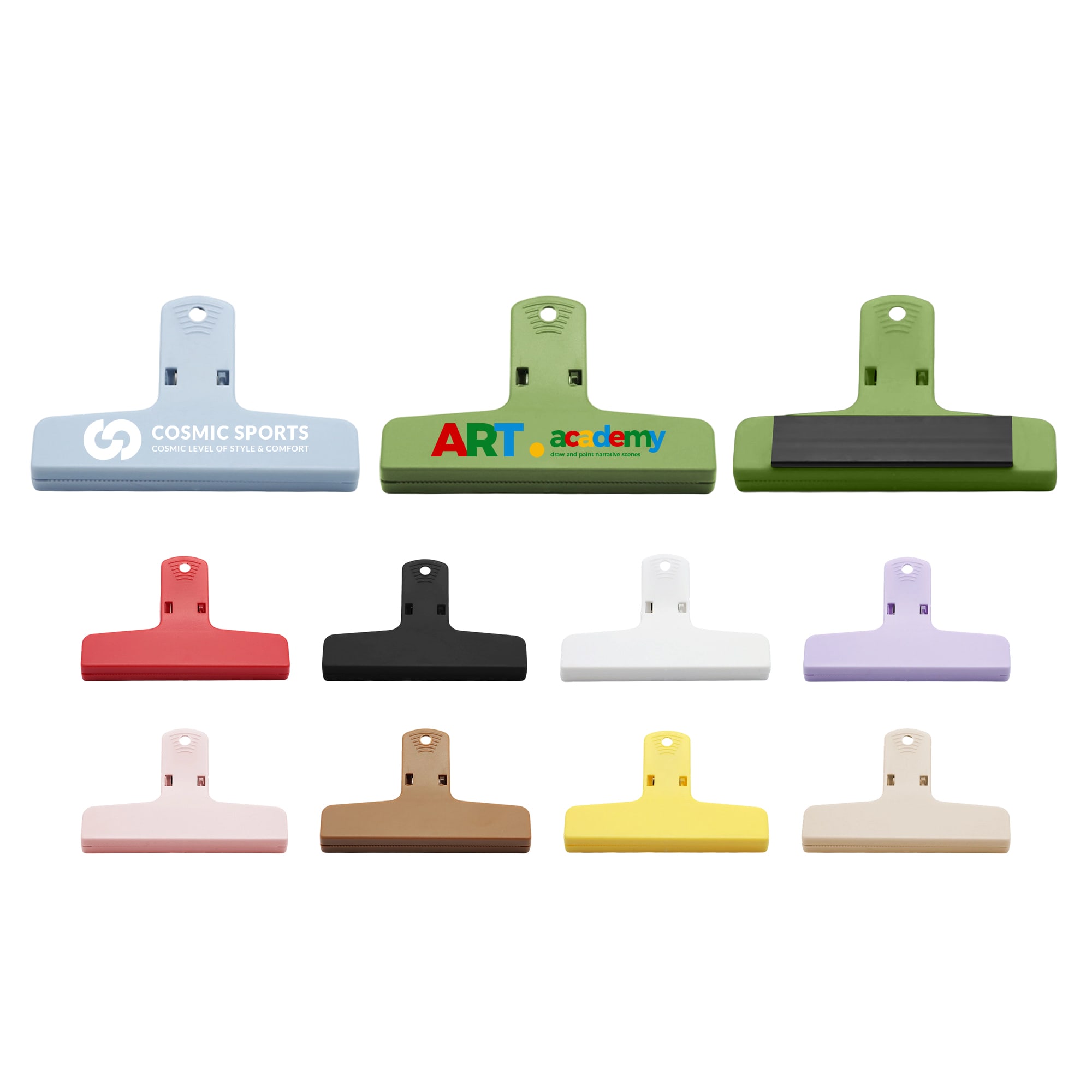 Plastic magnetic clips in various colours including green, blue, pink, black, white, purple, and yellow, featuring logos. Plastic Magnetic Clips - Image 1