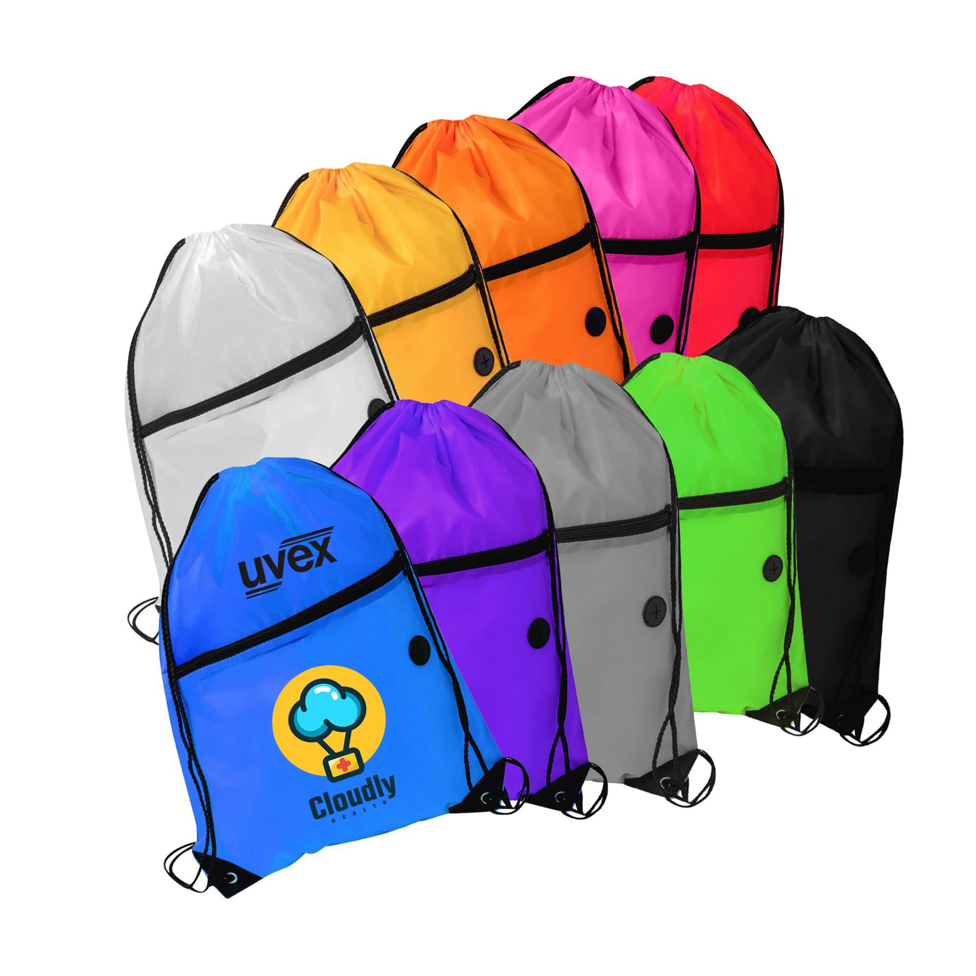 A collection of polyester drawstring bags in various colours, each with a zippered pocket and logo. Polyester Drawstring Bag with Zippered Pocket - Image 1