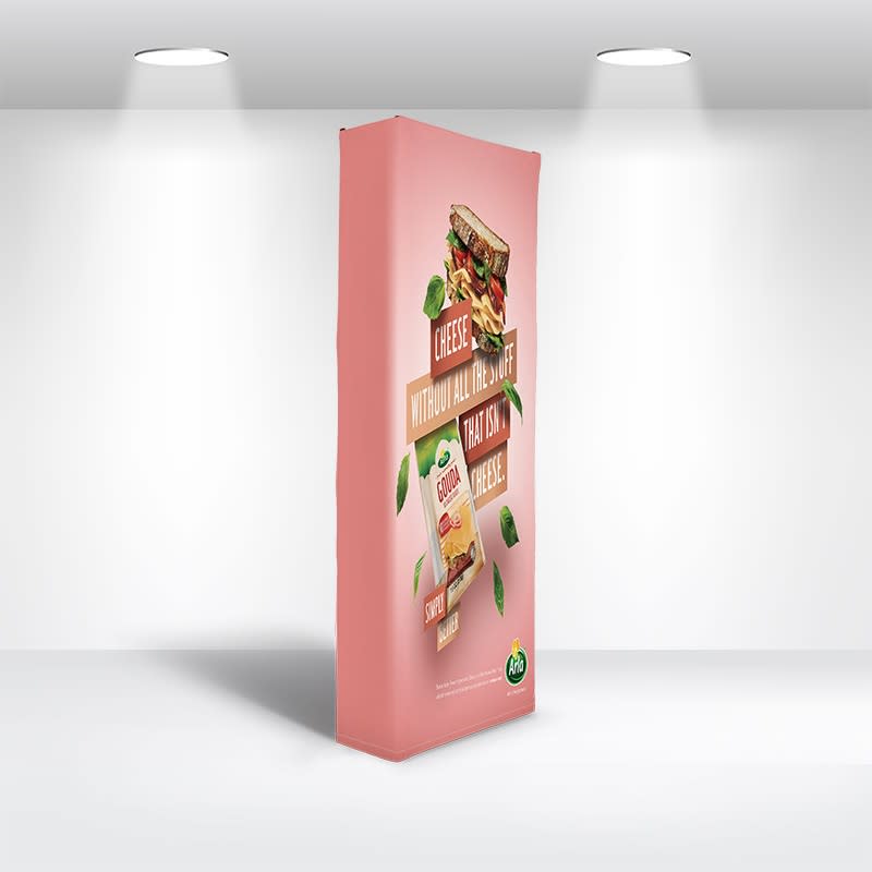 A straight fabric popup display featuring a sandwich and cheese design, with a pink background and a logo. Straight Fabric Popup Displays 1x3 - Image 1