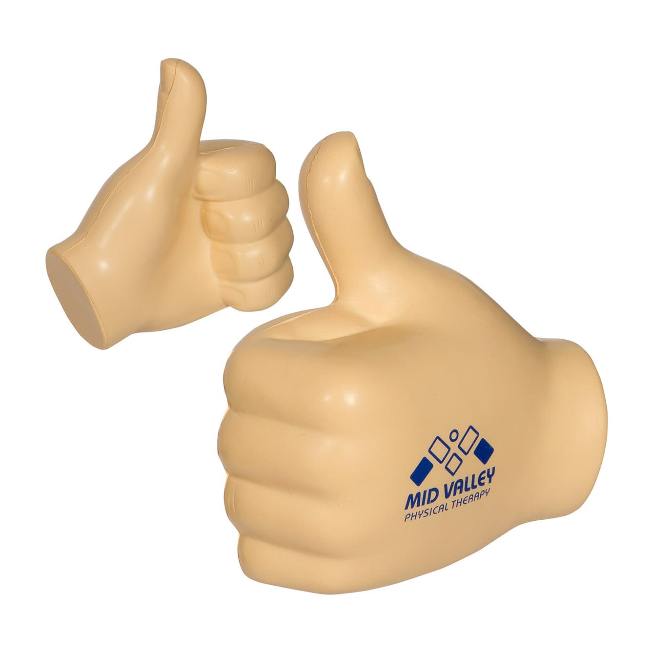 A beige fist-shaped stress reliever with a thumb-up design and a logo. Ideal for stress relief activities. Fist Shape Stress Reliever - Image 1