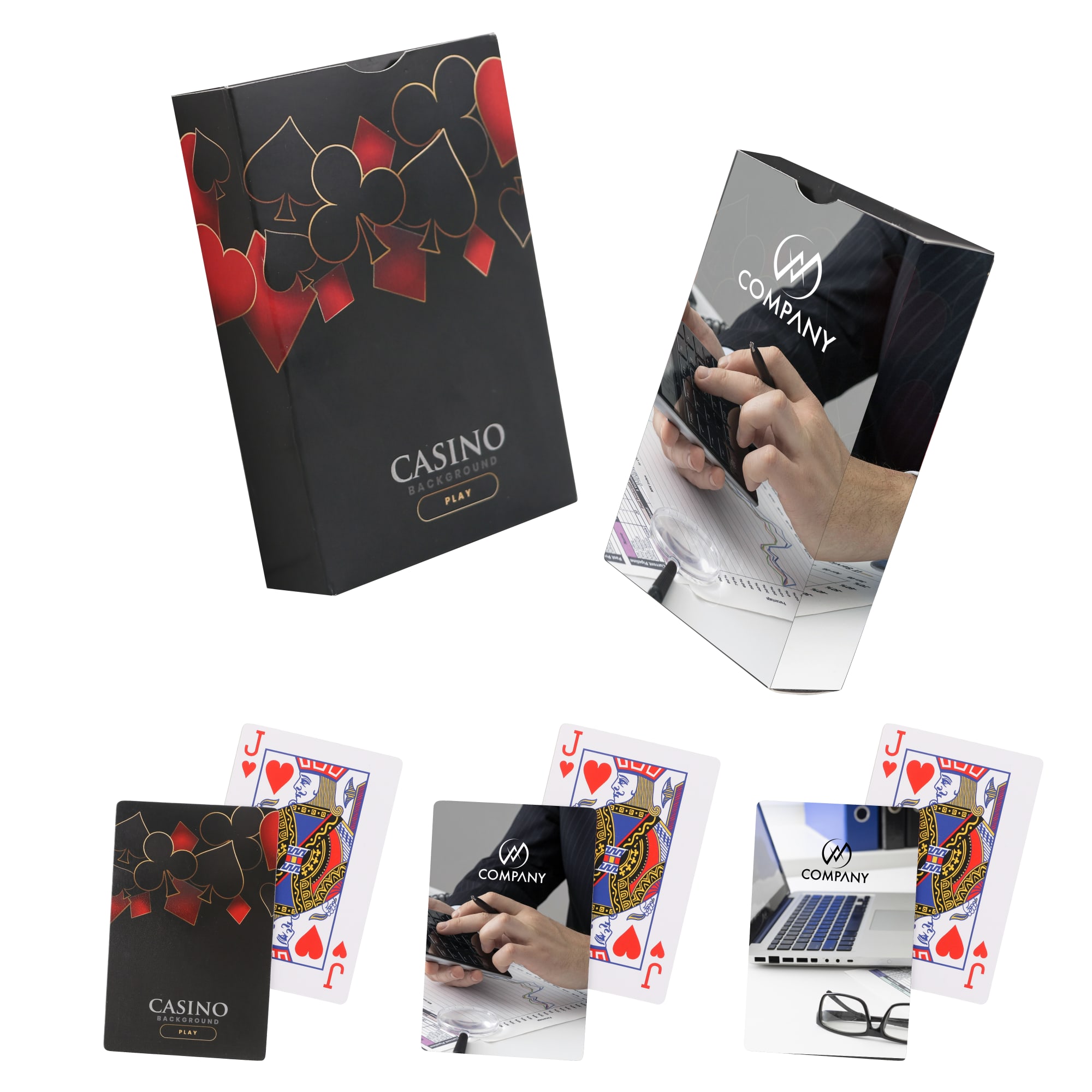 A set of custom playing cards in a black box featuring red and black designs, including a logo and playing card images. Custom Playing Cards - Image 1