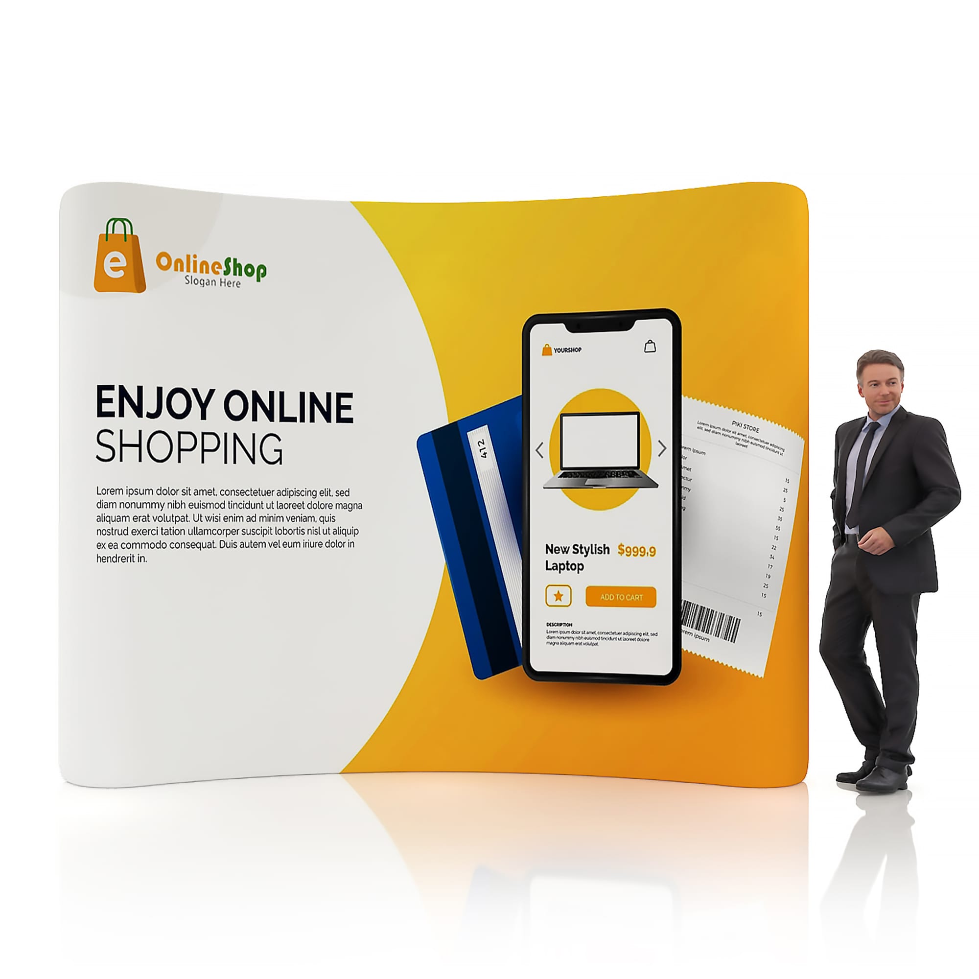 Curved tension fabric display wall in orange and yellow featuring a digital shopping theme and a person standing beside it. 3m Curved Tension Fabric Display Wall - Image 1
