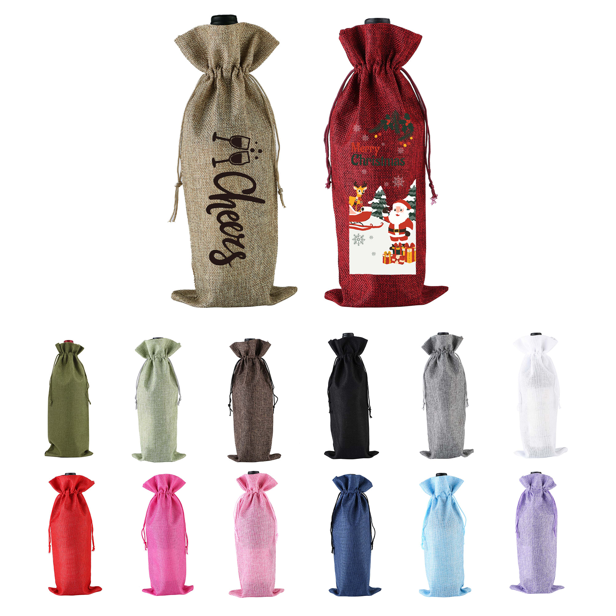 A collection of wine drawstring bags in various colours, including red, green, grey, black, pink, and white, with a logo. Wine Drawstring Bag - Image 1