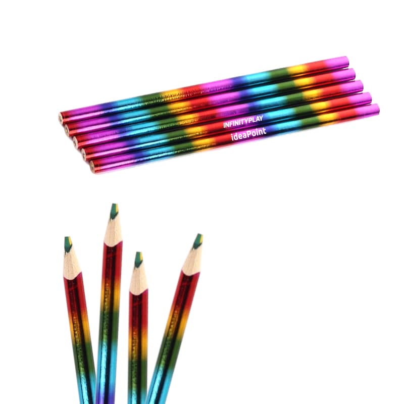 A set of seven long, multi-coloured pencils with pointed tips and a shiny finish, featuring a logo. Long Four-Colour Pencil - without Eraser - Image 1