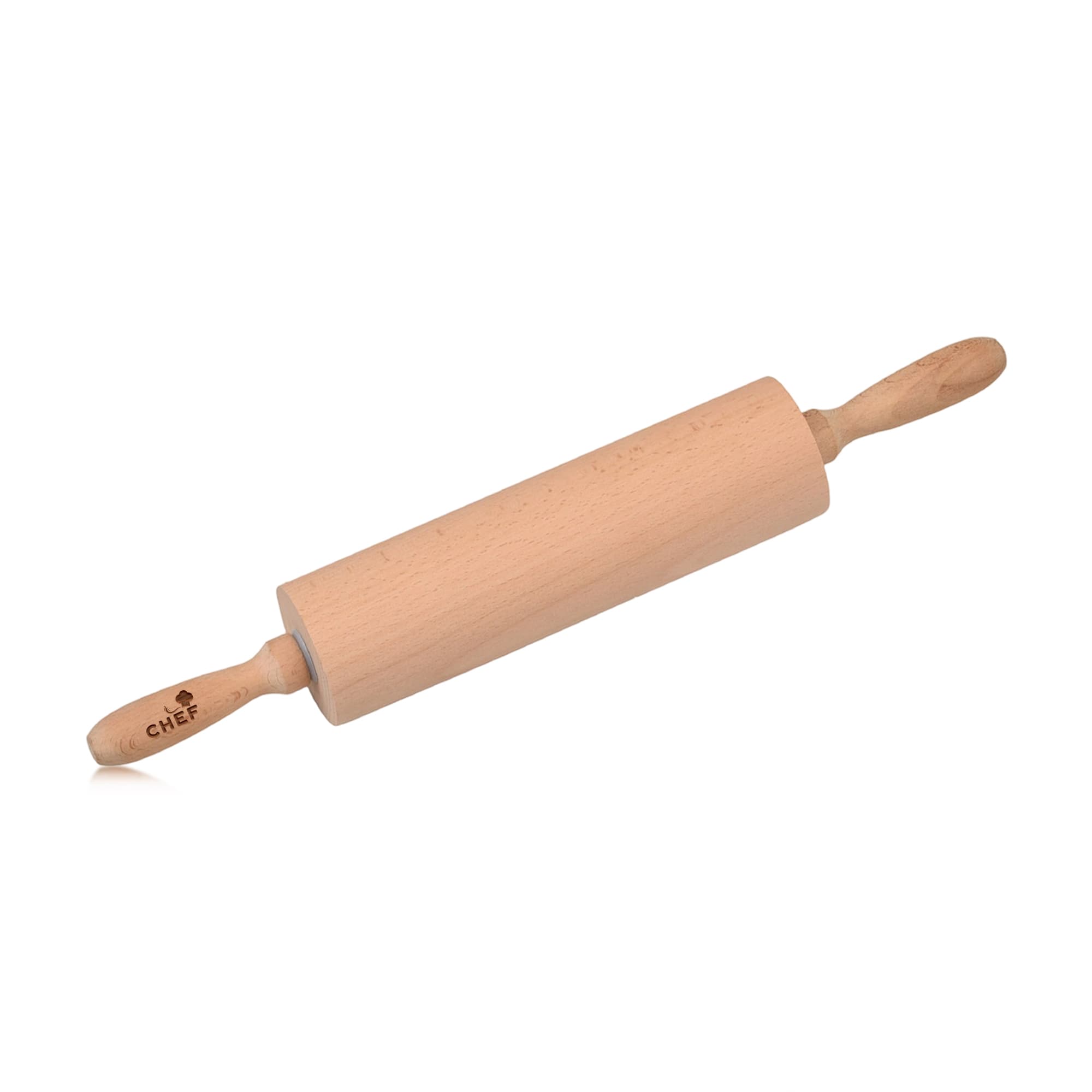 A wooden rolling pin with light tan wood and handles on each end. It features a logo on one handle. Wooden Rolling Pin - Image 1