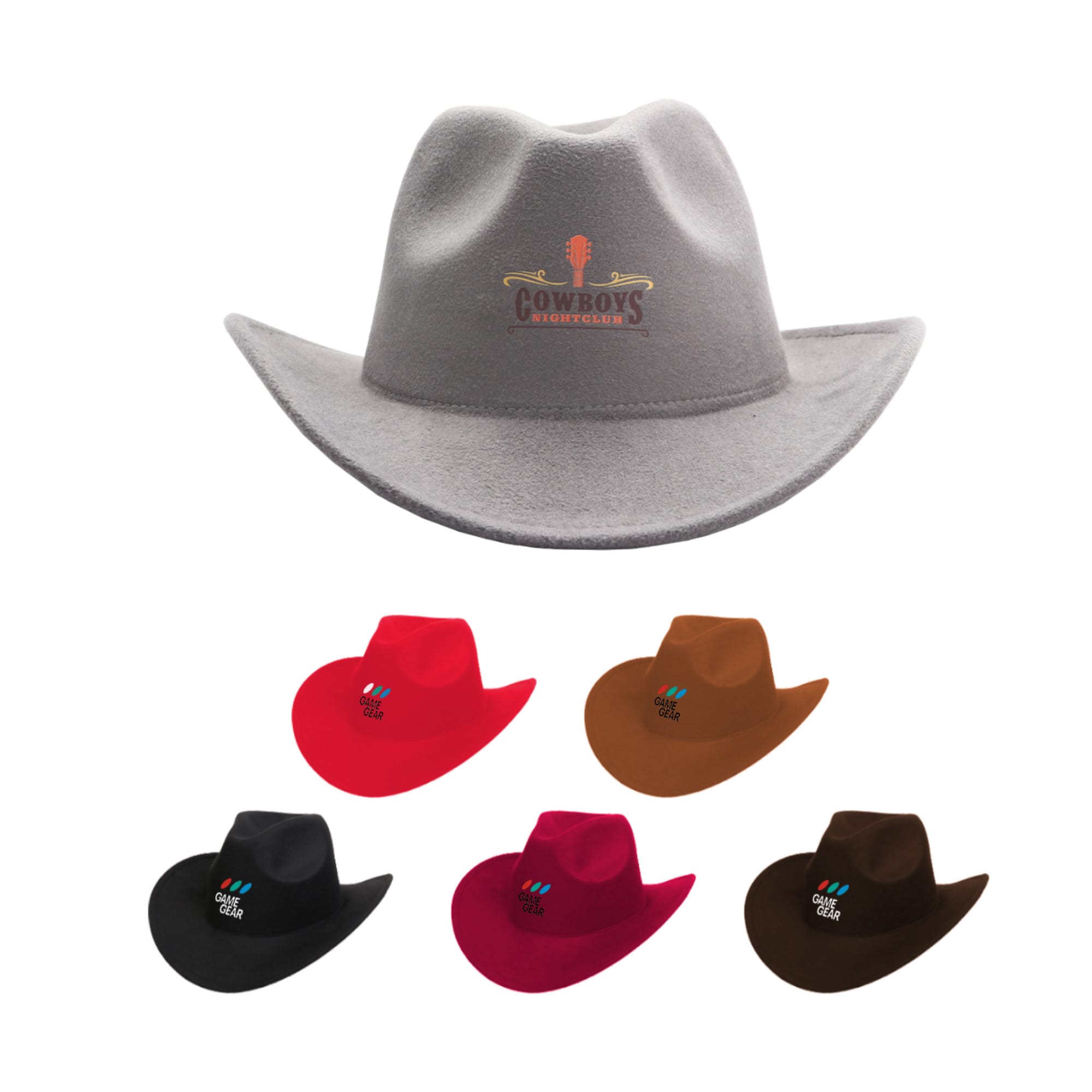 A Classic Felt Fedora Cowboy Hat in grey, with options in black, red, brown, and maroon. Features a logo. Classic Felt Fedora Cowboy Hat - Image 1