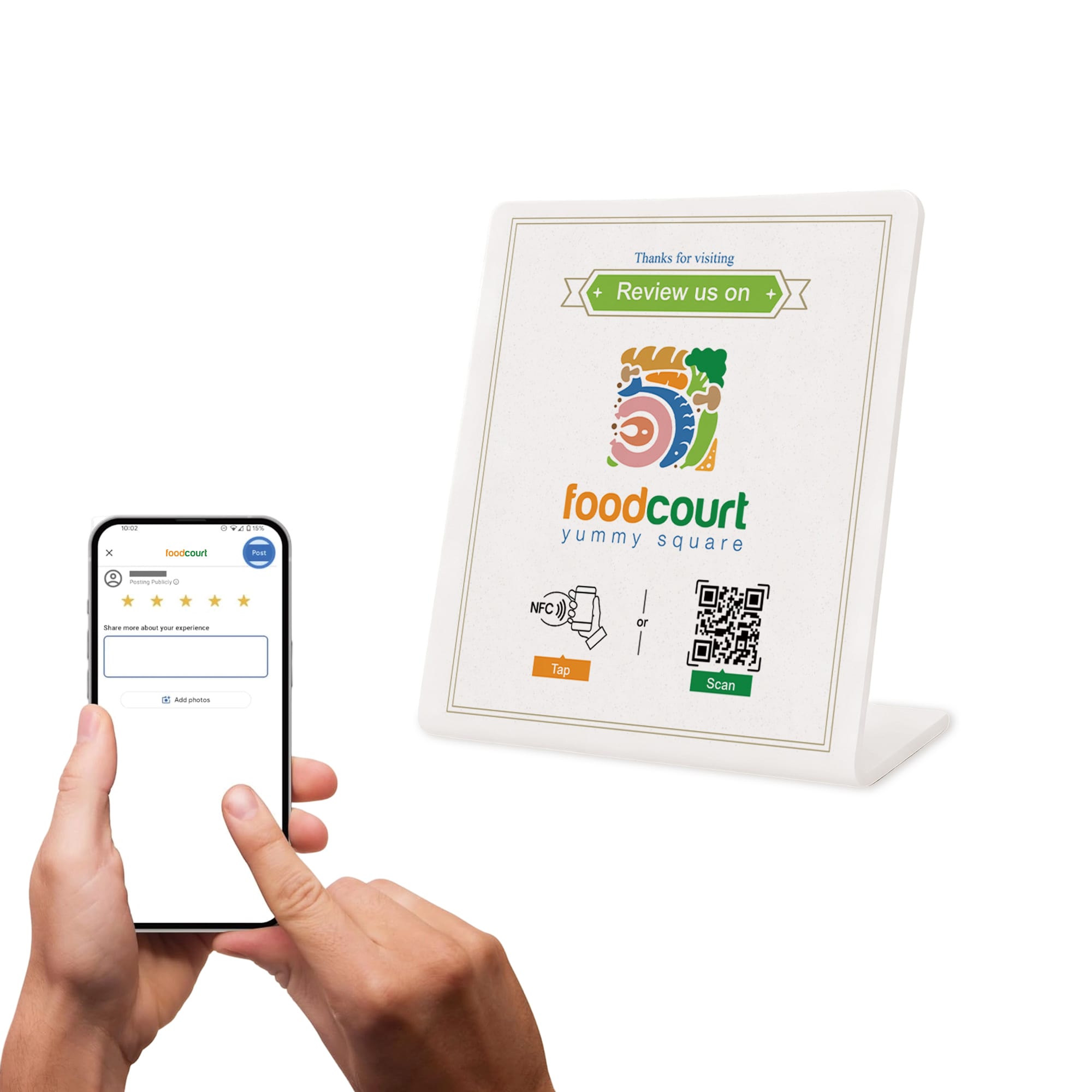 A white NFC review stand displays a QR code, next to a hand holding a smartphone with a review interface. NFC Review Stand - Image 1